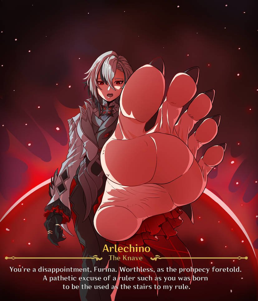 1girls, arlecchino (genshin impact), barefoot, cutscene, dbolsd, dirty talk, english, english text, feet, femdom, foot fetish, from below, genshin impact, looking at viewer, pov, pov eye contact, text, text bubble, toenail polish, villainess