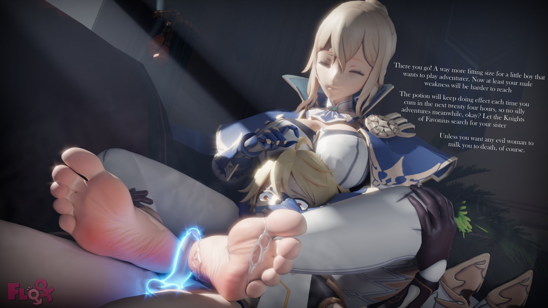 1boy, 1girls, 3d, aether (genshin impact), age difference, artist request, barefoot, big dom small sub, bigger female, boss, ceo, covering mouth, cum, cum on feet, cumming, dominant, dominant female, domination, ejaculation, english, english text, erect penis, erection, feet, femdom, fetish, foot fetish, footjob, genshin impact, hand on head, height difference, horny, humiliation, jean gunnhildr, magic, mature female, milf, musk clouds, musky, orgasm, pleasure face, sex, shocked, shrinking, size difference, submissive, submissive male, text, toenail polish