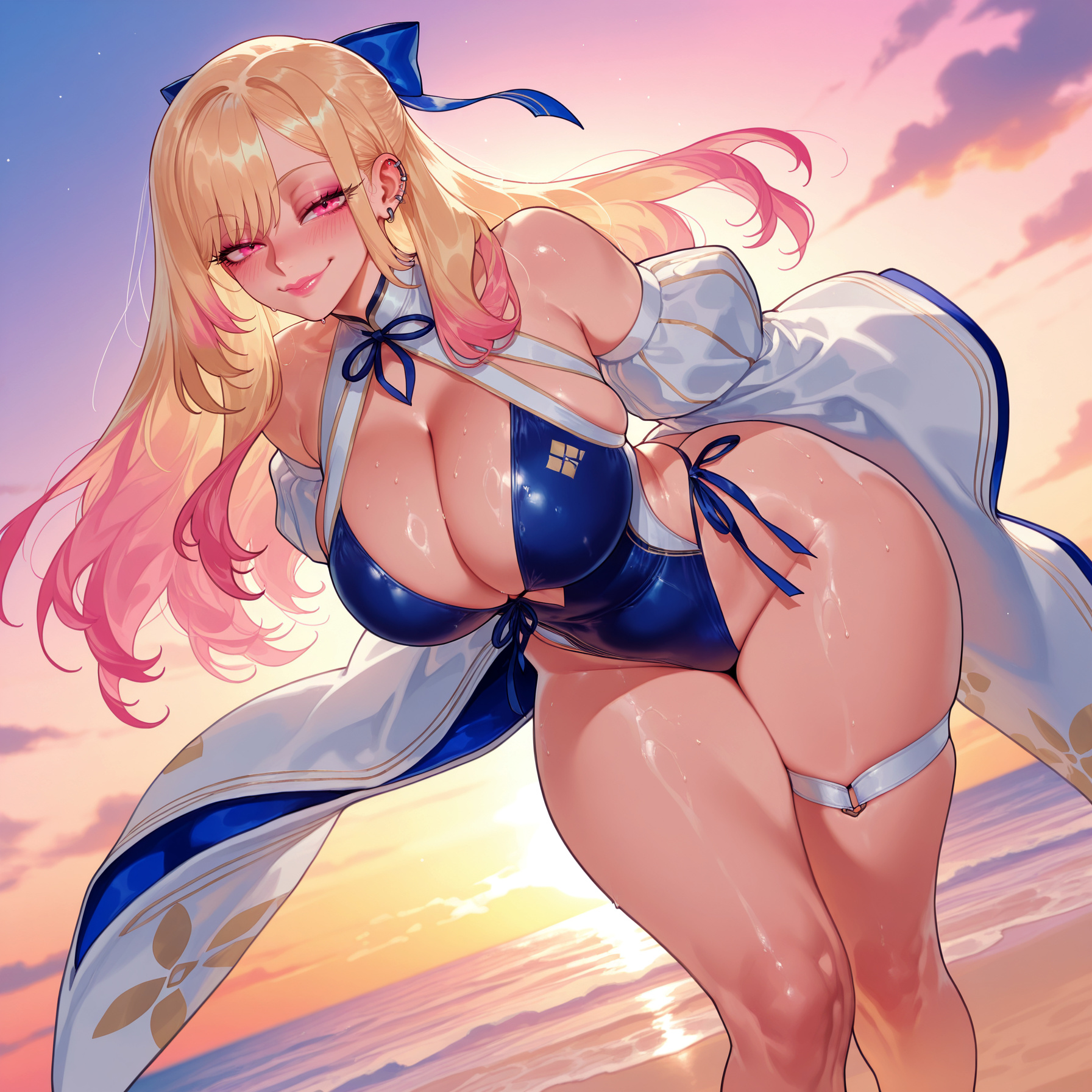 1girl, 1girls, ai generated, arms behind back, balecxi, barbell piercing, bare shoulders, beach, blonde hair, blue one-piece swimsuit, blush, bow, breasts, casual one-piece swimsuit, cleavage, closed mouth, clothing, colored tips, cosplay, covered navel, curvaceous, curvaceous female, curvaceous figure, curvy, curvy figure, detached sleeves, ear piercing, earrings, female, female focus, gradient hair, gradient sky, gyaru, hair bow, hair ribbon, highleg, highleg swimsuit, huge breasts, industrial piercing, inviting, inviting to sex, jewelry, kitagawa marin, large breasts, leaning forward, lips, long hair, long sleeves, looking at viewer, multicolored hair, my dress up darling, ocean, one-piece swimsuit, outdoors, piercing, pink eyes, pink hair, presenting, presenting ass, presenting breasts, presenting hindquarters, presenting pussy, presenting self, red eyes, ribbon, seductive, seductive look, seductive smile, shiny skin, skindentation, sky, smile, solo, sono bisque doll wa koi wo suru, standing, sunset, swimsuit, thick thighs, thigh strap, thighs, voluptuous, voluptuous female, wet, white sleeves, wide hips, wide sleeves