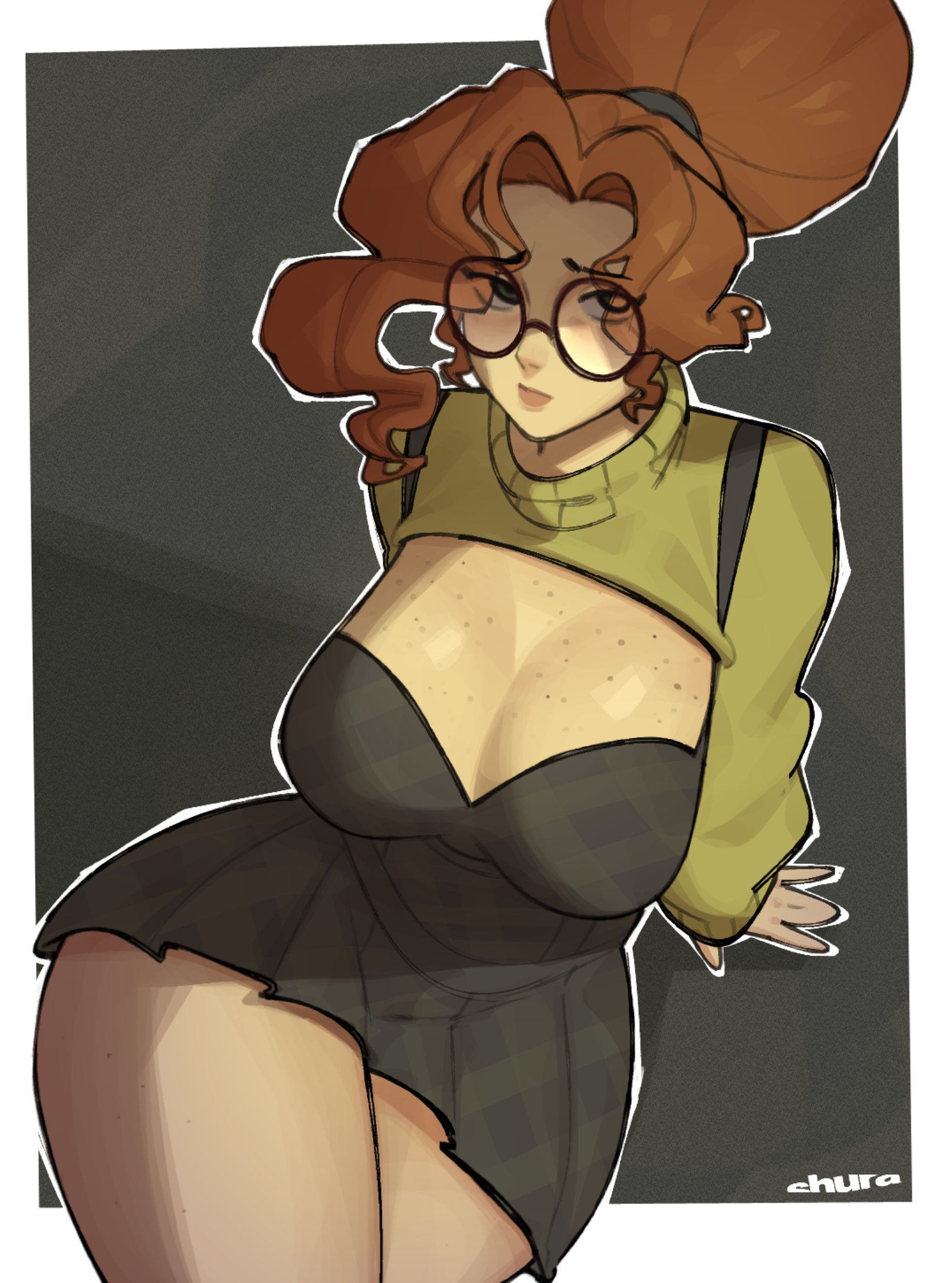 clothed, deadlock, freckles, glasses, paige (deadlock), rayschera, red hair, rraishura, skirt, solo, solo female, thick thighs, thighs, valve