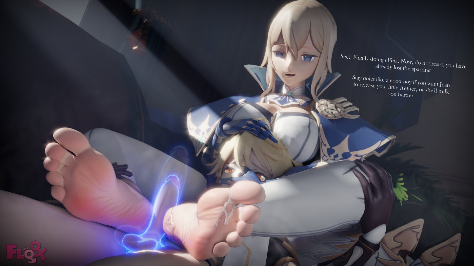 1boy, 1girls, 3d, aether (genshin impact), age difference, artist request, barefoot, big dom small sub, bigger female, boss, ceo, covering mouth, cum, cumming, ejaculation, english, english text, erect penis, erection, feet, femdom, fetish, foot fetish, footjob, genshin impact, hand on head, height difference, horny, jean gunnhildr, magic, mature female, milf, musk clouds, musky, orgasm, pleasure face, sex, size difference, text, toenail polish