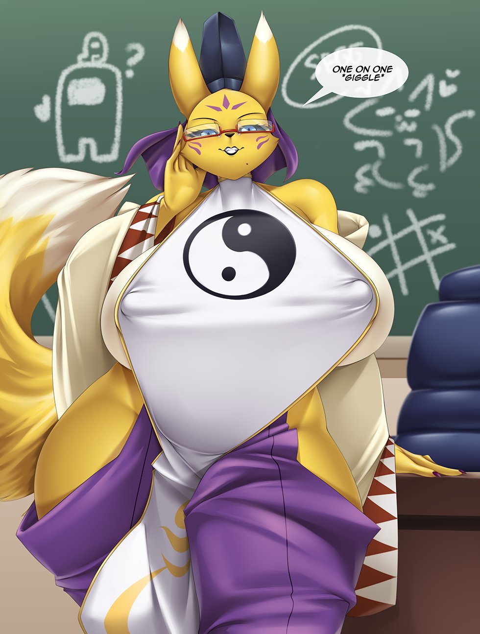 1girls among_us anthro big_breasts black_sclera blue_eyes breasts chalkboard classroom clothed clothes color colored dialogue dialogue_bubble digimon dipstick_tail female flirting flirting_with_viewer fluffy_tail furry furry_only giggle glasses large_breasts lipstick looking_at_viewer markings mleonheart nipple_bulge solo solo_female speaking_to_viewer speech_bubble tail taomon teacher text tic-tac-toe white_fur yellow_body yellow_fur