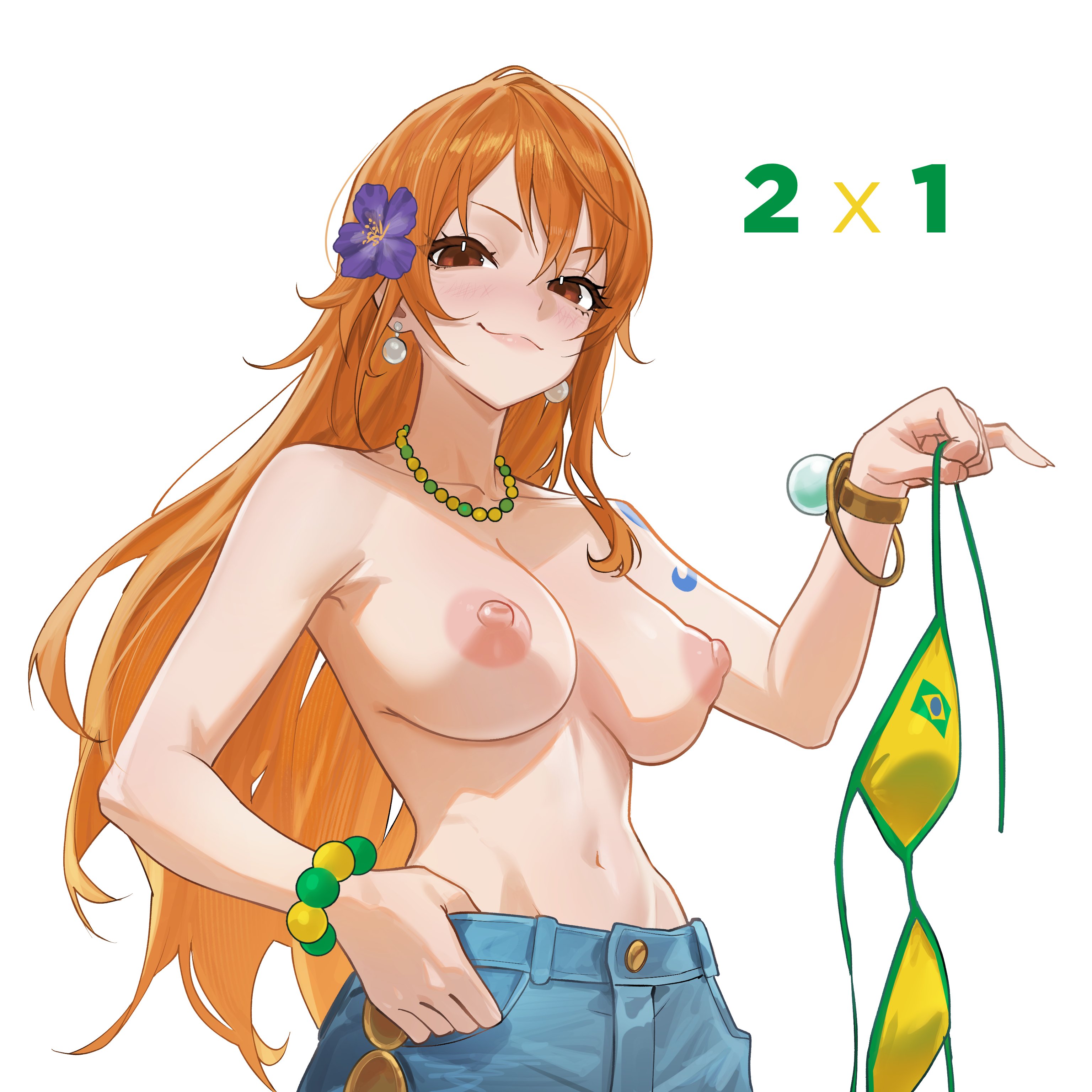 1girls, 2d, 2d (artwork), alternate version available, araigumasully, blue jeans, brazilian flag, breasts, female, female only, holding bikini top, jeans, light-skinned female, nami (one piece), nipples, one piece, red hair, red hair female, solo female, tagme, topless, topless female, topless jeans, white background