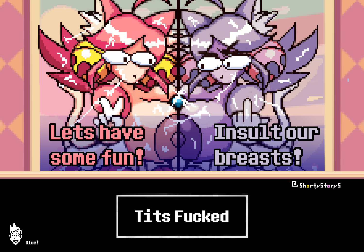cumshot deltarune deltarune_chapter_5 double_paizuri flowery funny mad_dummy mad_mew_mew paizuri pixel_art shorty_stories