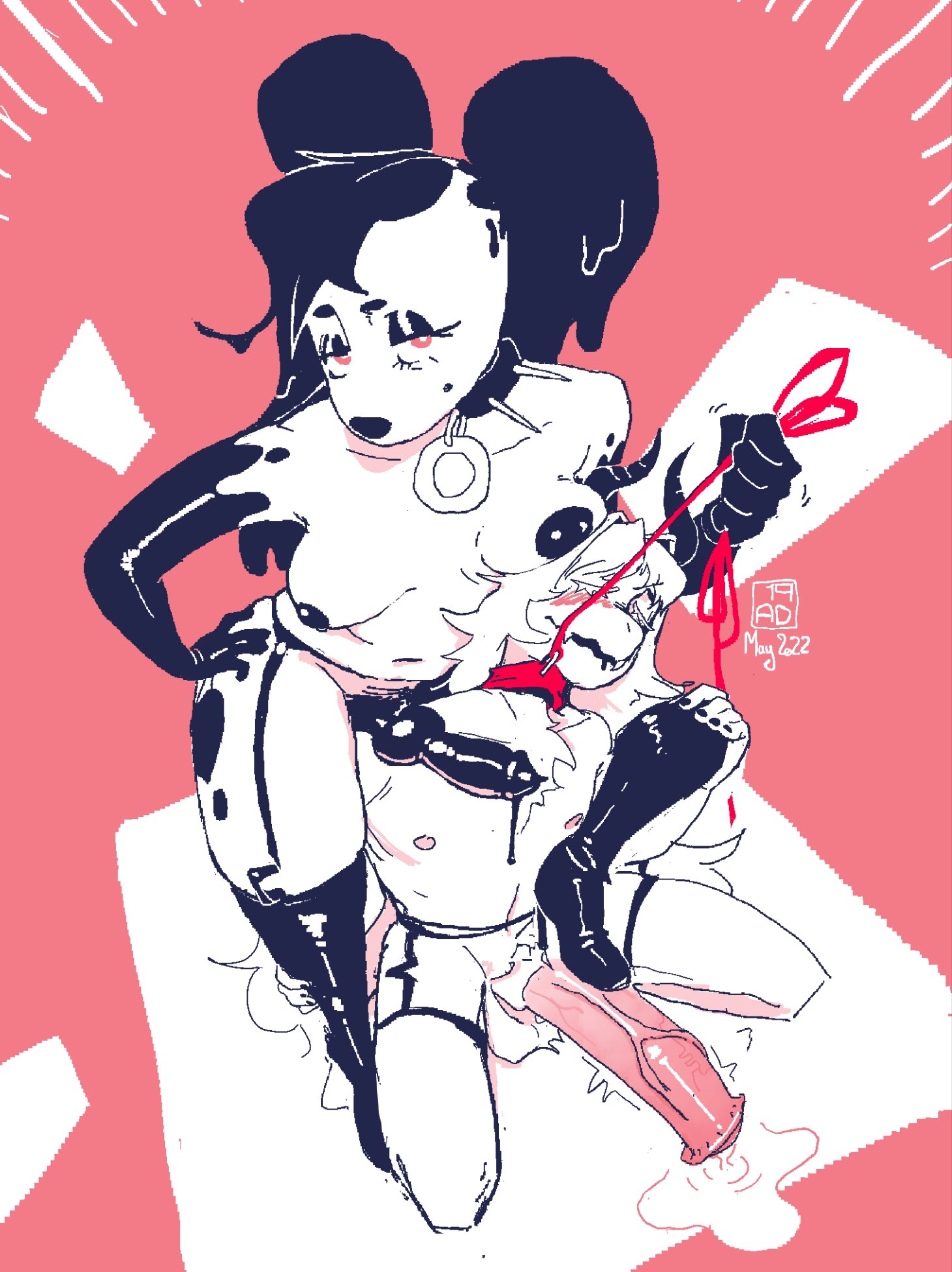 19ad, abstract background, anthro, areolae, black hair, black nipples, black penis, blush, boots, breasts, breasts on head, canine, canine penis, closed eyes, collar, crossdressing, cum, dominant female, eyelashes, female, furry, futanari, garter straps, horsecock, intersex, knot, knotted penis, latex boots, leash, leash and collar, leash pull, looking at viewer, male, malesub, medium breasts, penis, pink background, pink eyes, pink nipples, pink penis, spiked collar, stepping on penis, thigh boots, trans woman, transfem, uncensored, white body, white fur, white hair