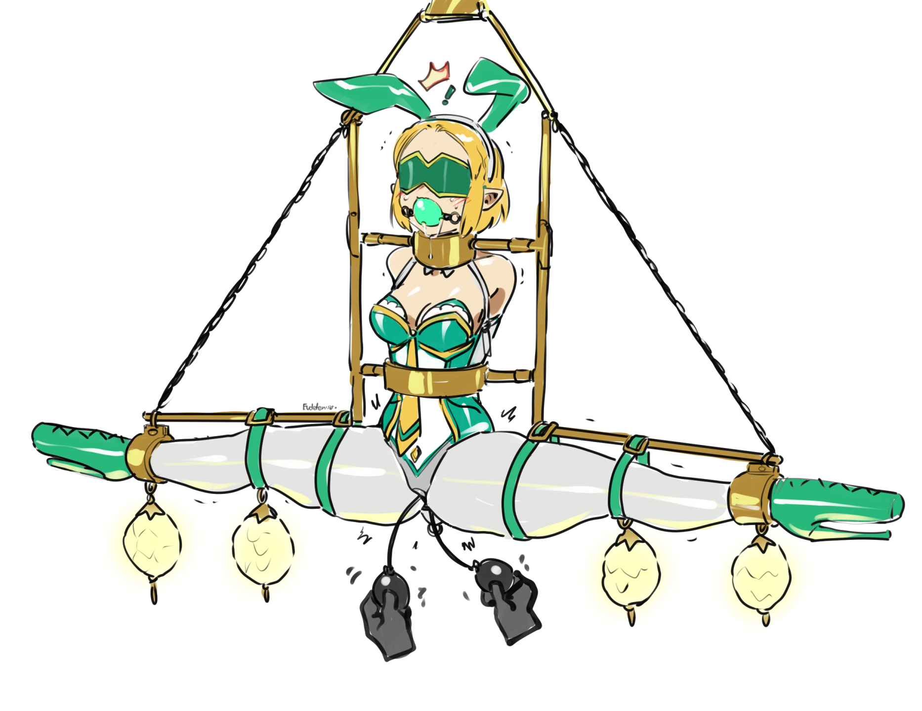 1girls, ankle cuffs, armbinder, arms behind back, ball gag, ballet heels, bdsm, blindfold, blindfolded, blonde hair, bondage, bound, bound ankles, bound arms, bound legs, bunnysuit, chains, chandelier, collar, defeated, defeated heroine, disembodied hand, disembodied hands, drool, drooling, eudetenis, exclamation point, eyes covered, fake animal ears, female, female focus, femsub, gag, gagged, hanging light, helpless, high heels, human furniture, immobile, inflatable buttplug, inflatable insertable, legs forced open, metal collar, metal frame, nintendo, princess zelda, shocked, splits, stationary restraints, steel bondage, stiletto heels, suspension, tears of the kingdom, the legend of zelda, tremble spikes, trembling, very high heels, zelda (tears of the kingdom)