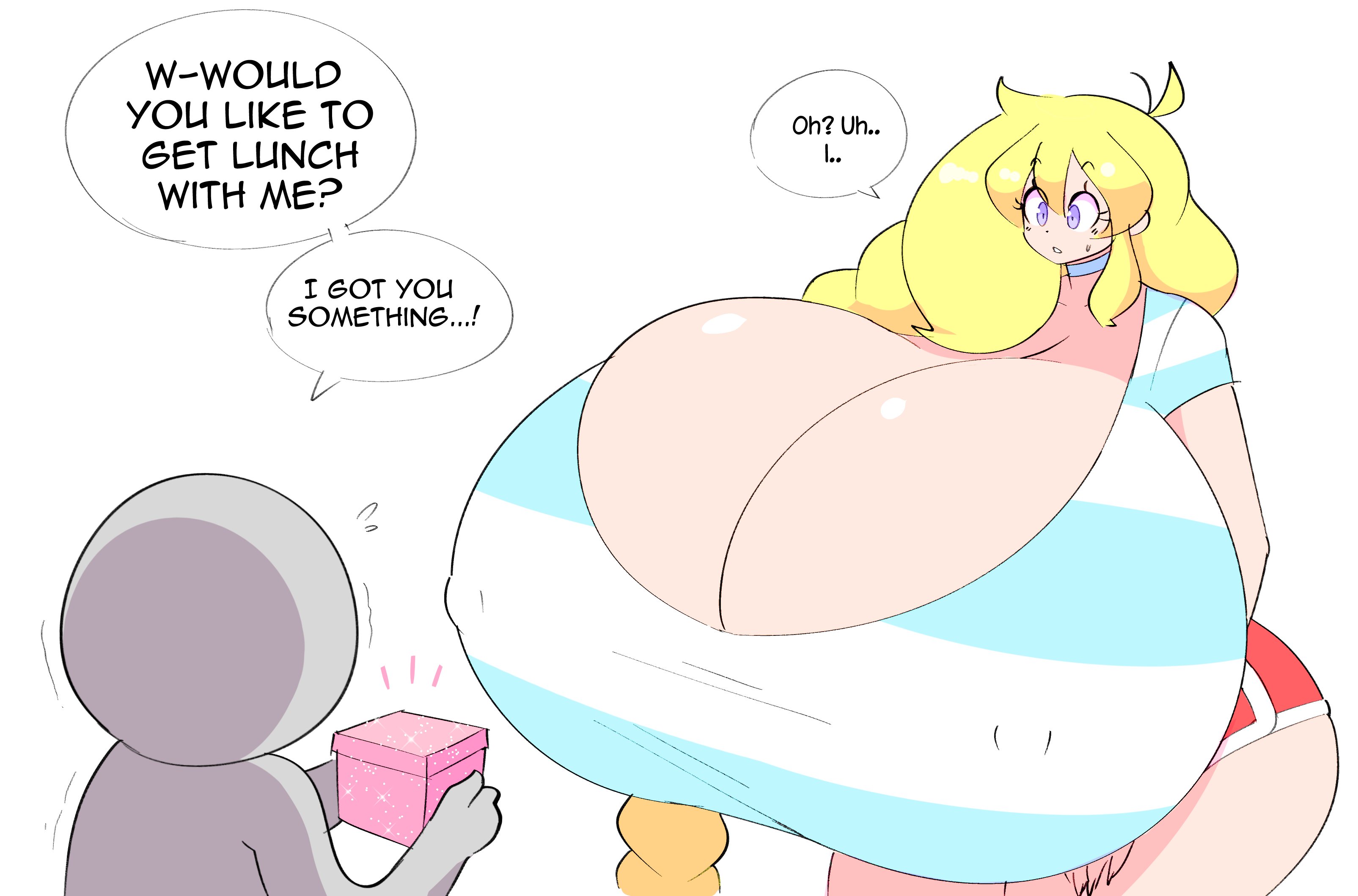 1girls, 2022, anon, big breasts, blonde hair, braided hair, braided ponytail, breasts, cassie (theycallhimcake), cleavage, covered nipples, dialogue, english, english text, female, huge breasts, hyper, hyper breasts, long hair, nipple bulge, purple eyes, shirt, speech bubble, text, text bubble, theycallhimcake, thick thighs, thighs, top heavy