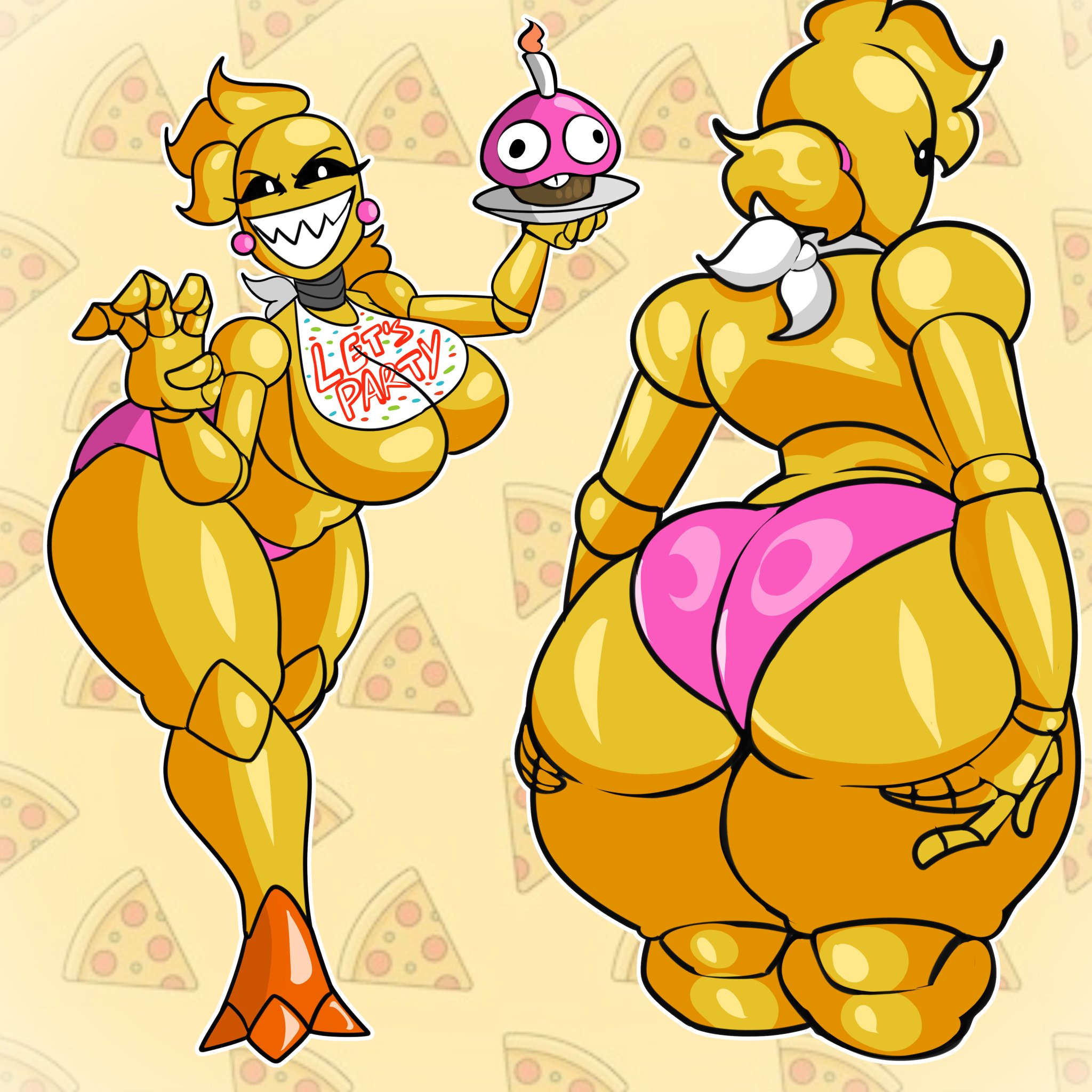 1:1, 1girl, 1girls, animatronic, animatronic female, back view, bib, big breasts, captain dagon, chicken, chicken girl, choker, cupcake (fnaf), evil smile, fanart, female, female only, five nights at freddy's, hi res, holding ass, huge ass, looking at viewer, pizza, scottgames, sharp teeth, shiny body, solo, solo female, thick thighs, toy chica (fnaf), underwear, voluptuous female, white eyes, wide hips, yellow body, yellow hair