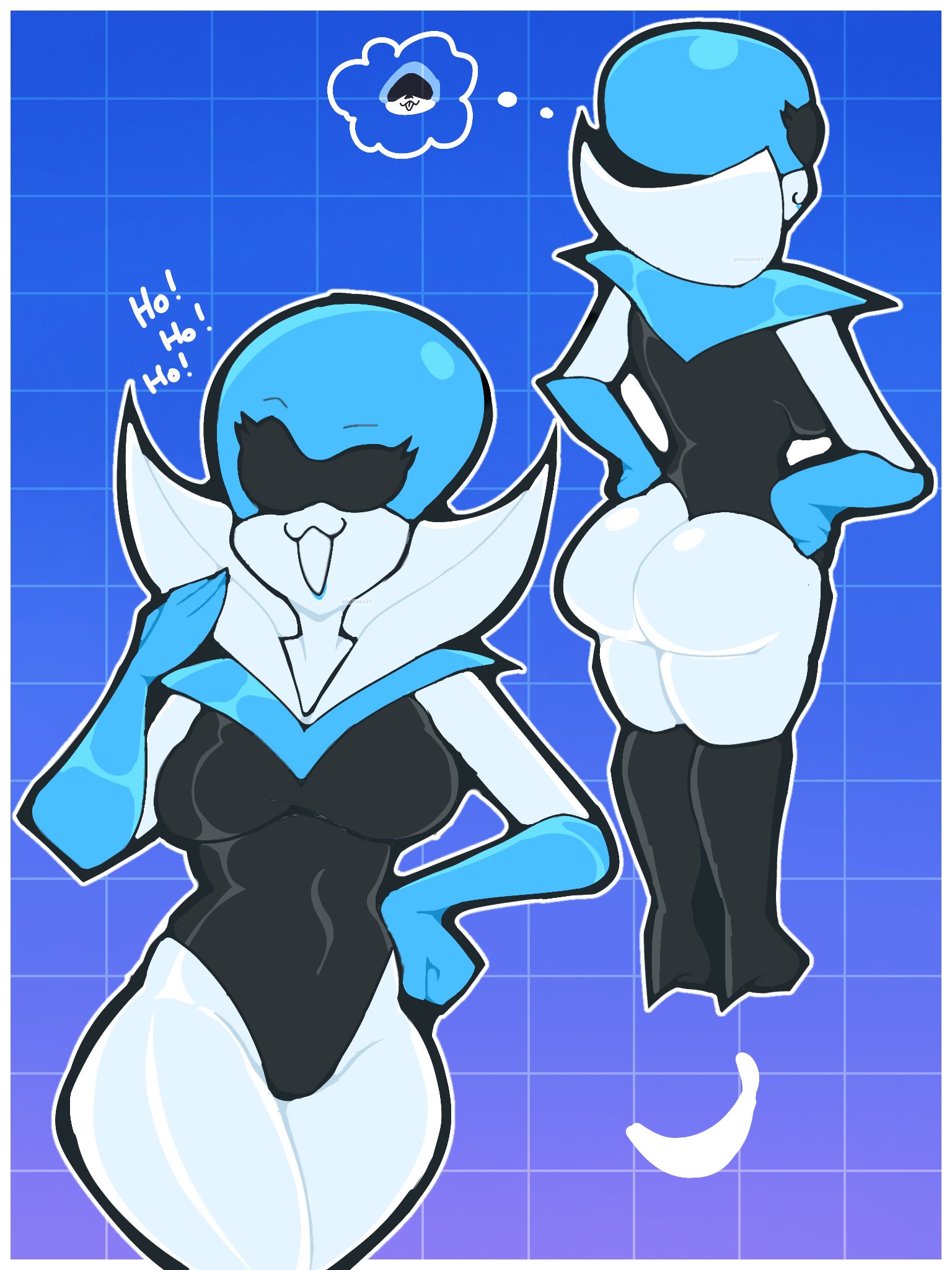back view, big ass, big breasts, blue lipstick, clueless, deltarune, front view, gloves, heels, hosses21, latex, laughing, looking at viewer, queen (deltarune), thick thighs, thighs