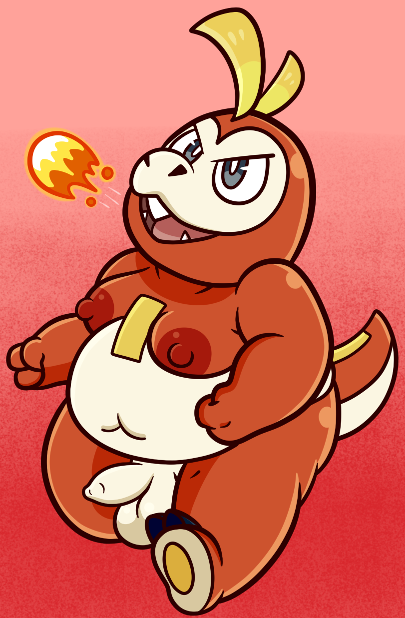 2022 anthro balls belly fire fuecoco genitals hi_res male navel nintendo overweight penis pokémon_(species) pokemon pokemon_sv red_body sinribbons solo video_games