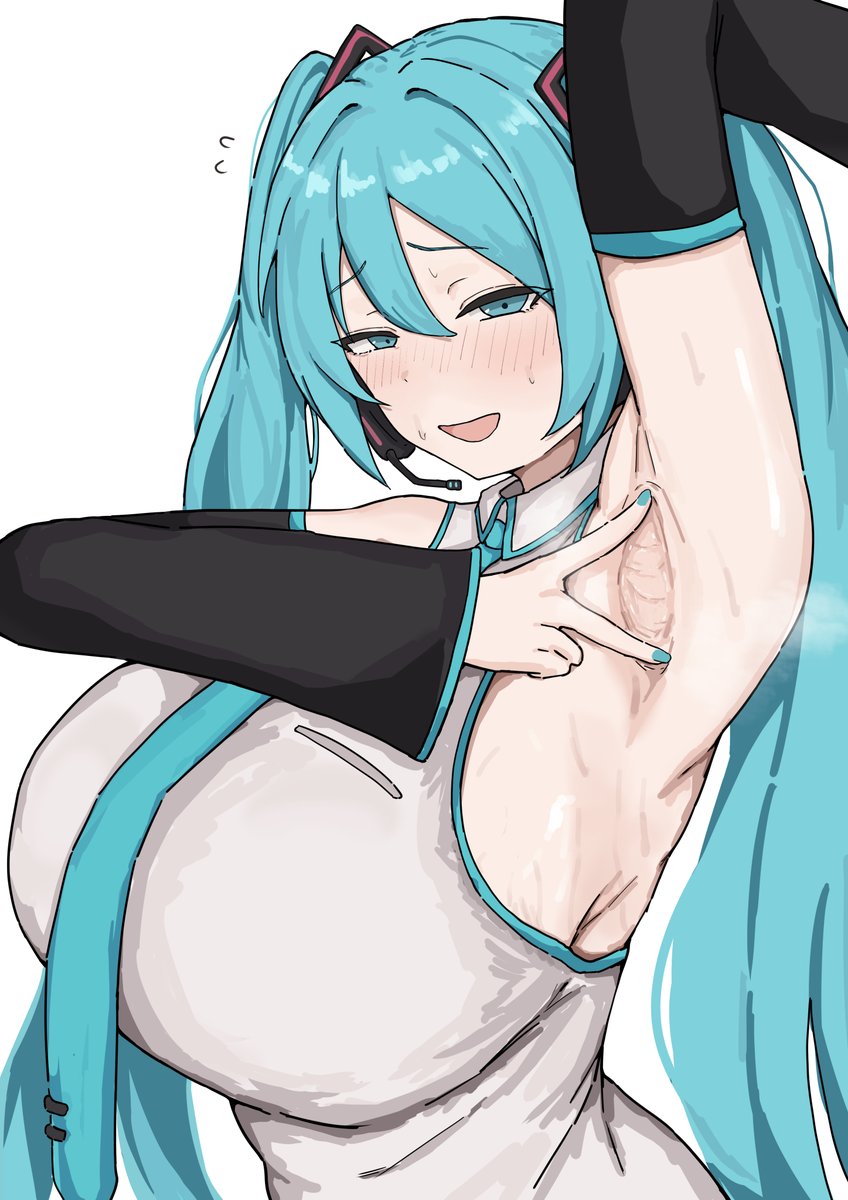 1girl, 1girls, armpit fetish, armpits, arms up, clothed female, female, female focus, female only, hatsune miku, huge breasts, looking at viewer, massive breasts, miku hatsune, nervous smile, shy, spread armpit, sweat, sweatdrop, sweating, sweaty, sweaty body