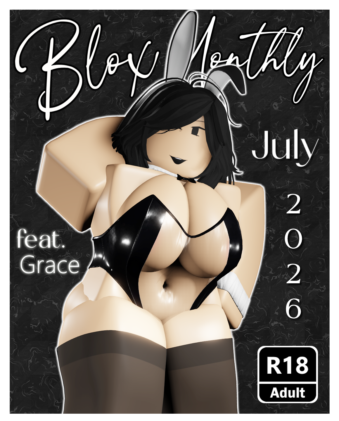 1girl, 3d, bloxmodeller, breasts, bunny girl, bunnysuit, cleavage, grace (bloxmodeller), magazine cover, original character, playboy bunny, roblox, robloxian, self upload, tagme, thighs