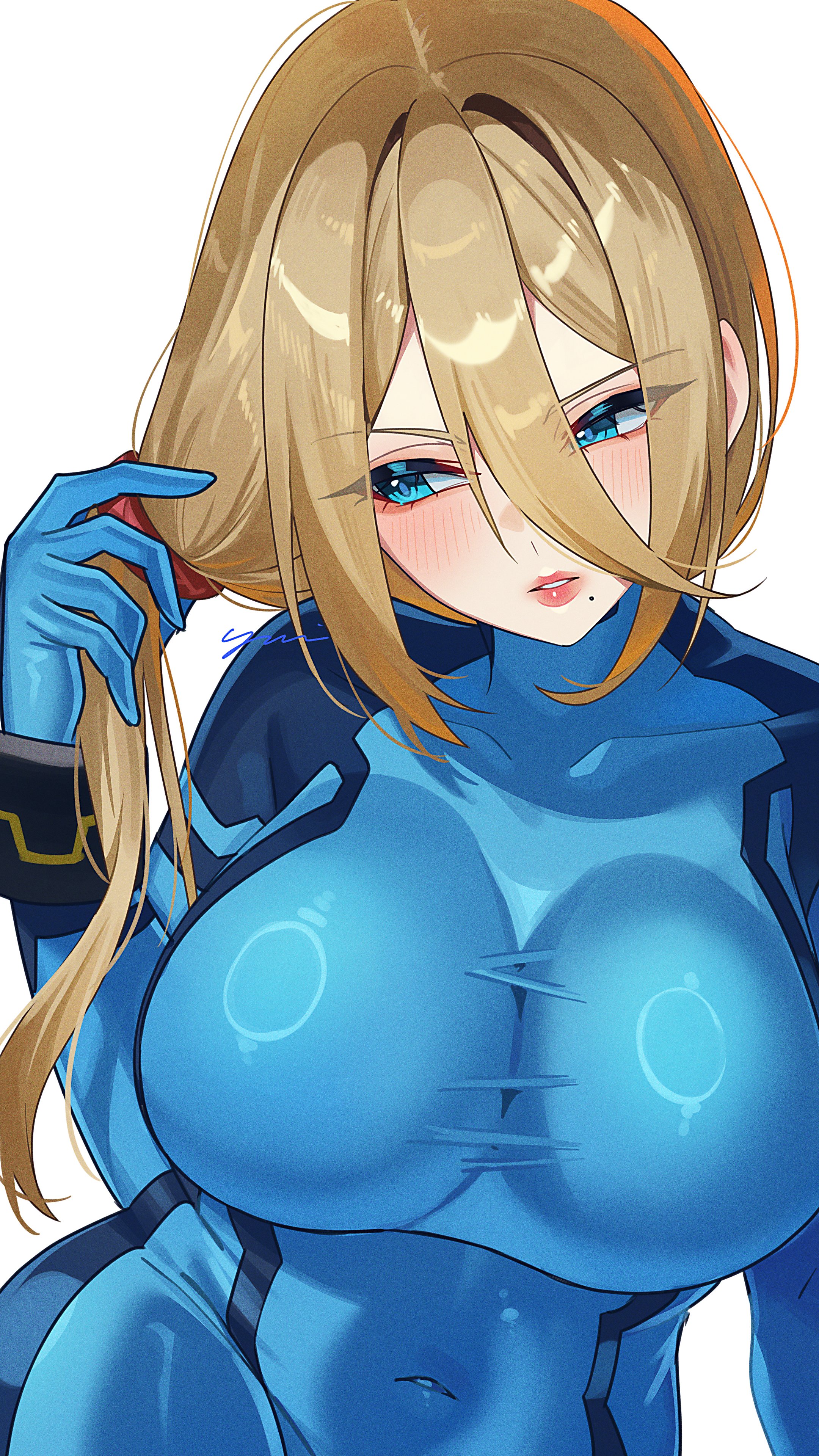 1girl, 1girls, absurdres, beauty mark, big breasts, blonde hair, blue bodysuit, blue eyes, blue gloves, blush, blush lines, blushing, bodysuit, bracelet, bracelets, breasts, cleavage, collarbone, commentary request, female, female only, full lips, fully clothed, gloves, hair between eyes, hair ornament, hair scrunchie, highres, hourglass figure, large breasts, light-skinned female, lips, long hair, metroid, mole, mole under mouth, nintendo, parted lips, samus aran, scrunchie, shiny clothes, simple background, skin tight, slim waist, solo, tight clothing, untying hair, white background, wide hips, yasaikakiage, zero suit, zero suit samus