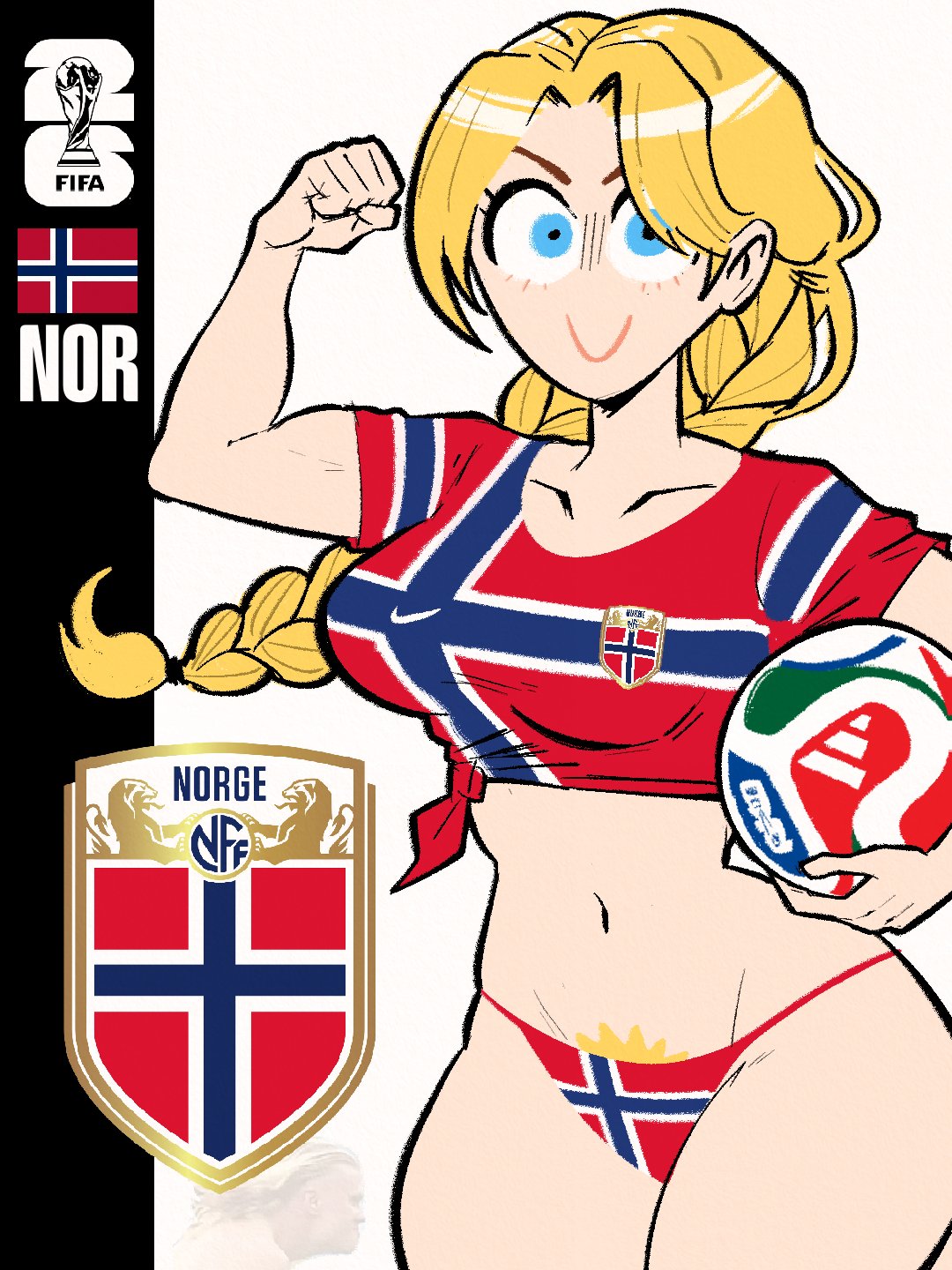 1girls, 2026, atomiksaico, ball, blonde hair, blonde pubic hair, blue eyes, fifa, flag, flexing bicep, football, jersey, light skin, light-skinned female, looking at viewer, national personification, nike, norway, norwegian, norwegian flag, original, original character, panties, pubic hair, pubic hair peek, soccer, thong, thong panties, world cup