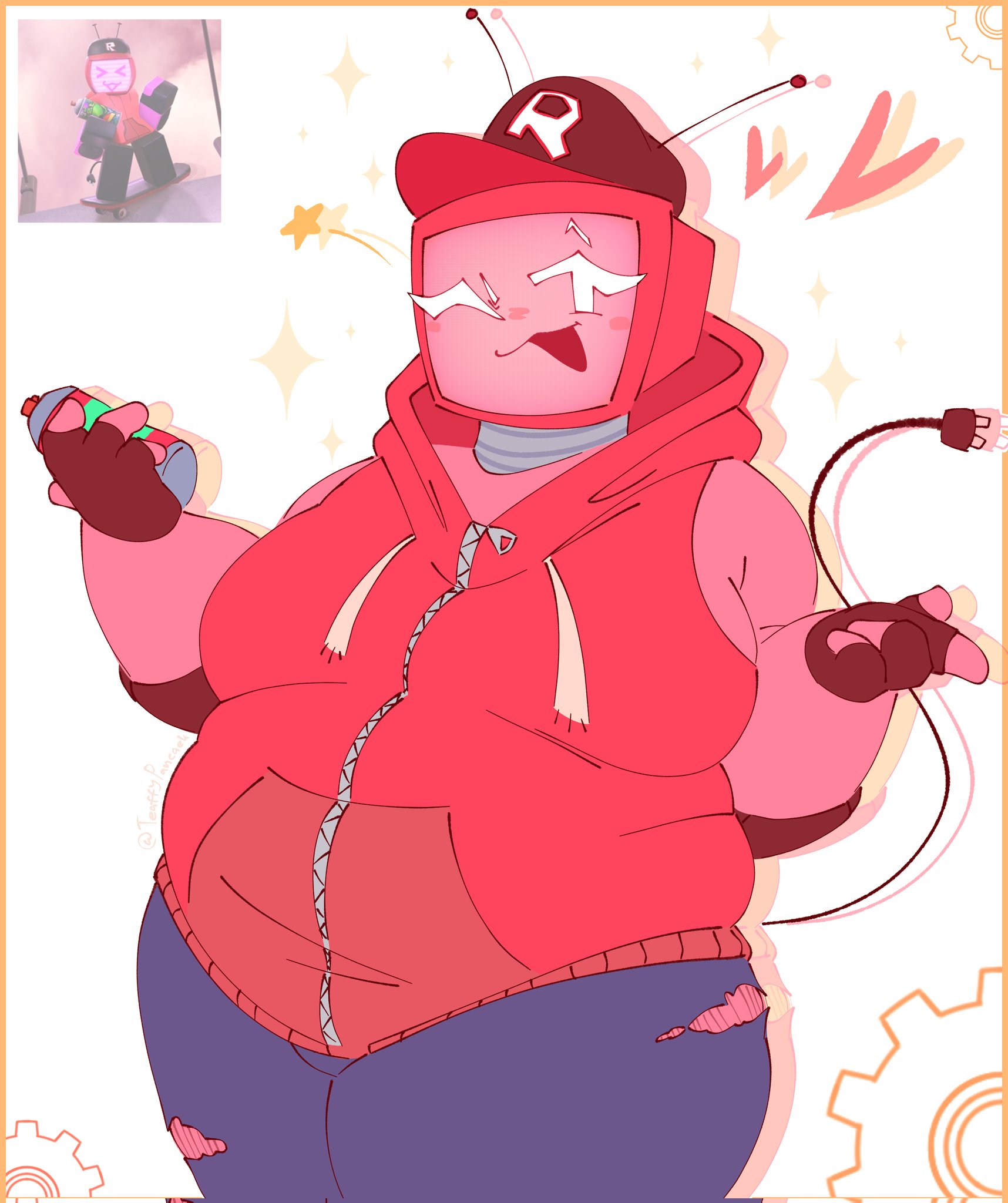 chubby, chubby female, elbow sleeve, fingerless gloves, forsaken, forsaken (roblox), holding can, reference image, ripped pants, spray can, sweater, teehee, tv head, tv head robot, veeronica, veeronica (forsaken), winking at viewer, winking eye, wire tail, zipper pull tab
