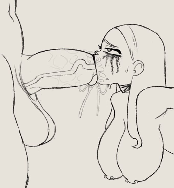 1boy, 1girls, big breasts, blowjob, fellatio, greyscale, huge cock, large balls, large breasts, large penis, makeup running, moisty melon, monochrome, nipple piercing, nirami, runny makeup, sloppy blowjob, straight