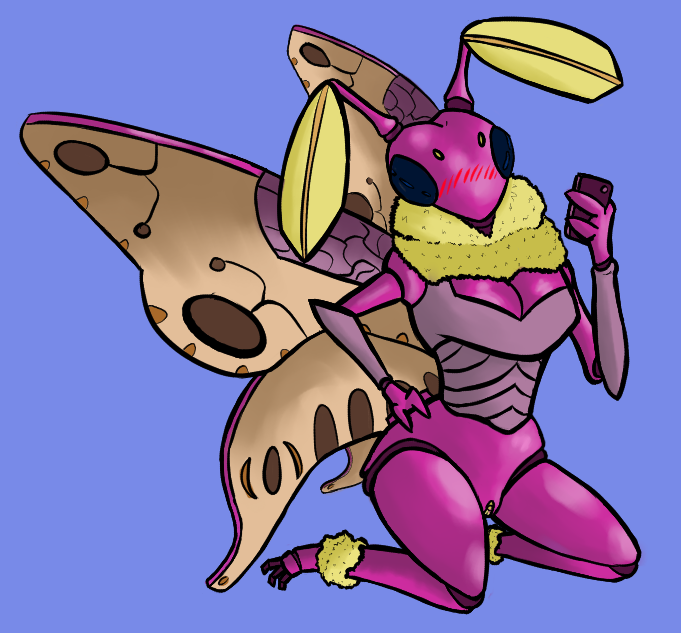 anthro arthropod blue_eyes blush clothed clothing female genitals insects lepidopteran moth mr._pp partially_clothed pink_body pinup pose pussy rosy_maple_moth selfie sitting solo