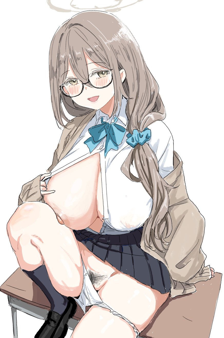 1girls, akane (blue archive), akane (school uniform) (blue archive), black-framed eyewear, blue archive, blue scrunchie, blush, bow, breasts, brown eyes, brown hair, cardigan, clearite, clothes lift, covered erect nipples, desk, female, female pubic hair, glasses, hair over shoulder, halo, hand on own chest, highres, huge breasts, long hair, low-tied long hair, nipples, one breast out, open cardigan, open clothes, open mouth, panties, pubic hair, pussy, school uniform, scrunchie, semi-rimless eyewear, shirt, shoes, sitting, skirt, skirt lift, sleeves past wrists, socks, solo, unbuttoned, unbuttoned shirt, under-rim eyewear, underwear, undressing, unworn panties, white background