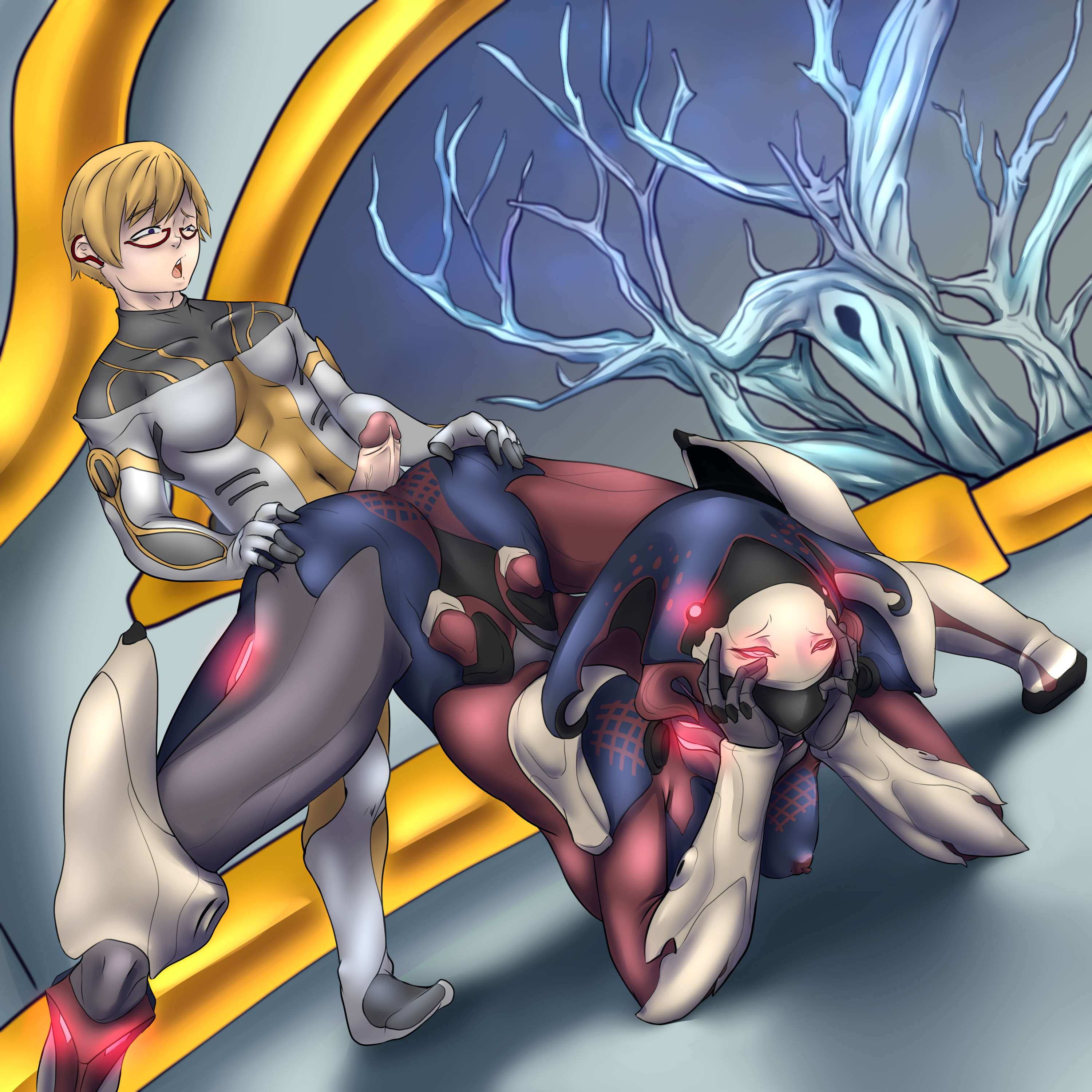 1boy, 1girls, ahe gao, ass, assjob, blush, bodysuit, buttjob, female, flustered, grinding, human, human penetrating, jack-o pose, light skin, light-skinned male, male, mirage (warframe), monster, monster girl, operator (warframe), robot, robot girl, saggs312 (artist), tenno, visible nipples, warframe