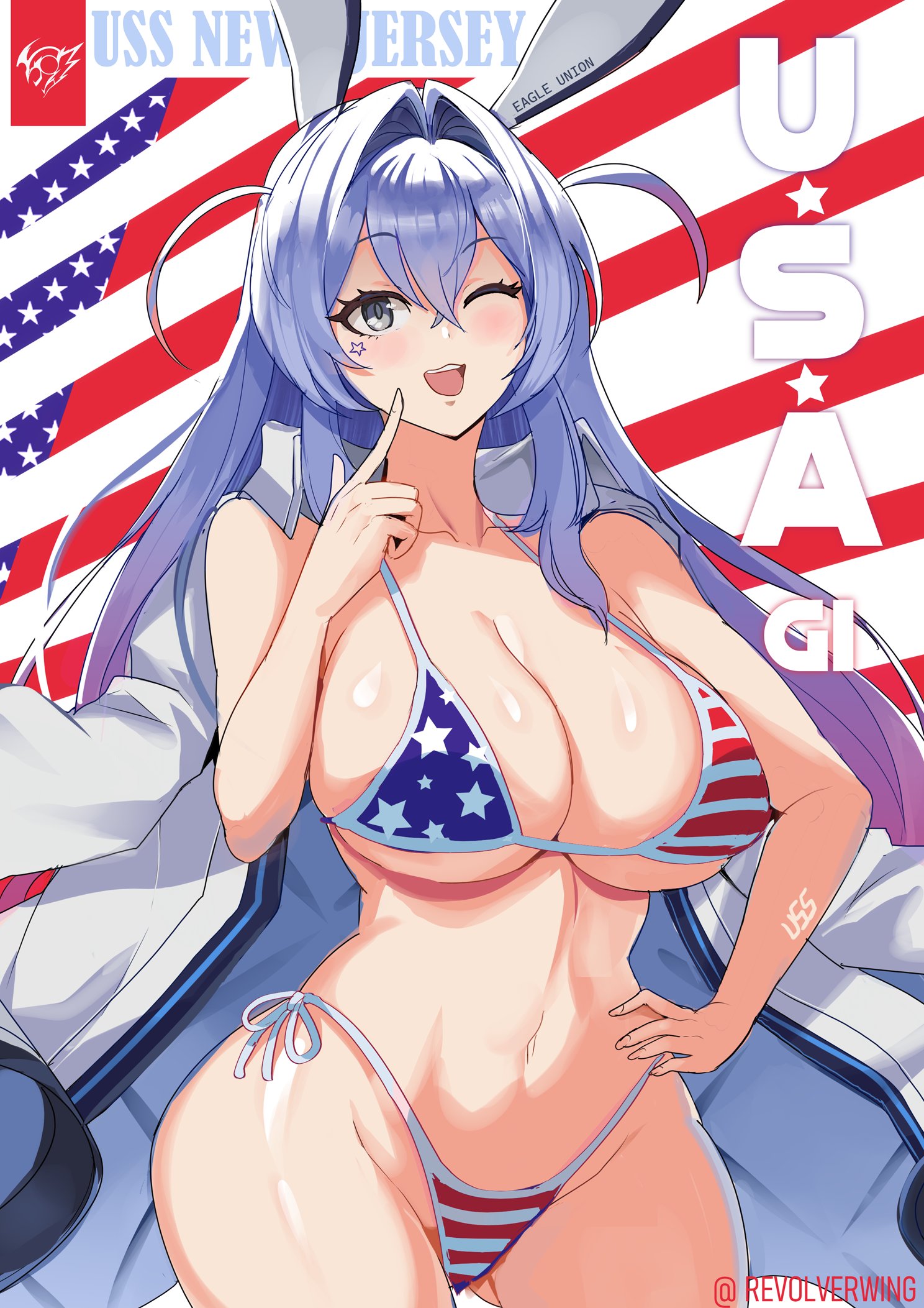 1girls, american flag bikini, azur lane, bikini, blue eyes, blue hair, cleavage, female, female only, flag bikini, flag print, light skin, light-skinned female, long hair, new jersey (azur lane), one eye closed, open mouth, revealing clothes, revolverwingstudios, skimpy clothes, solo
