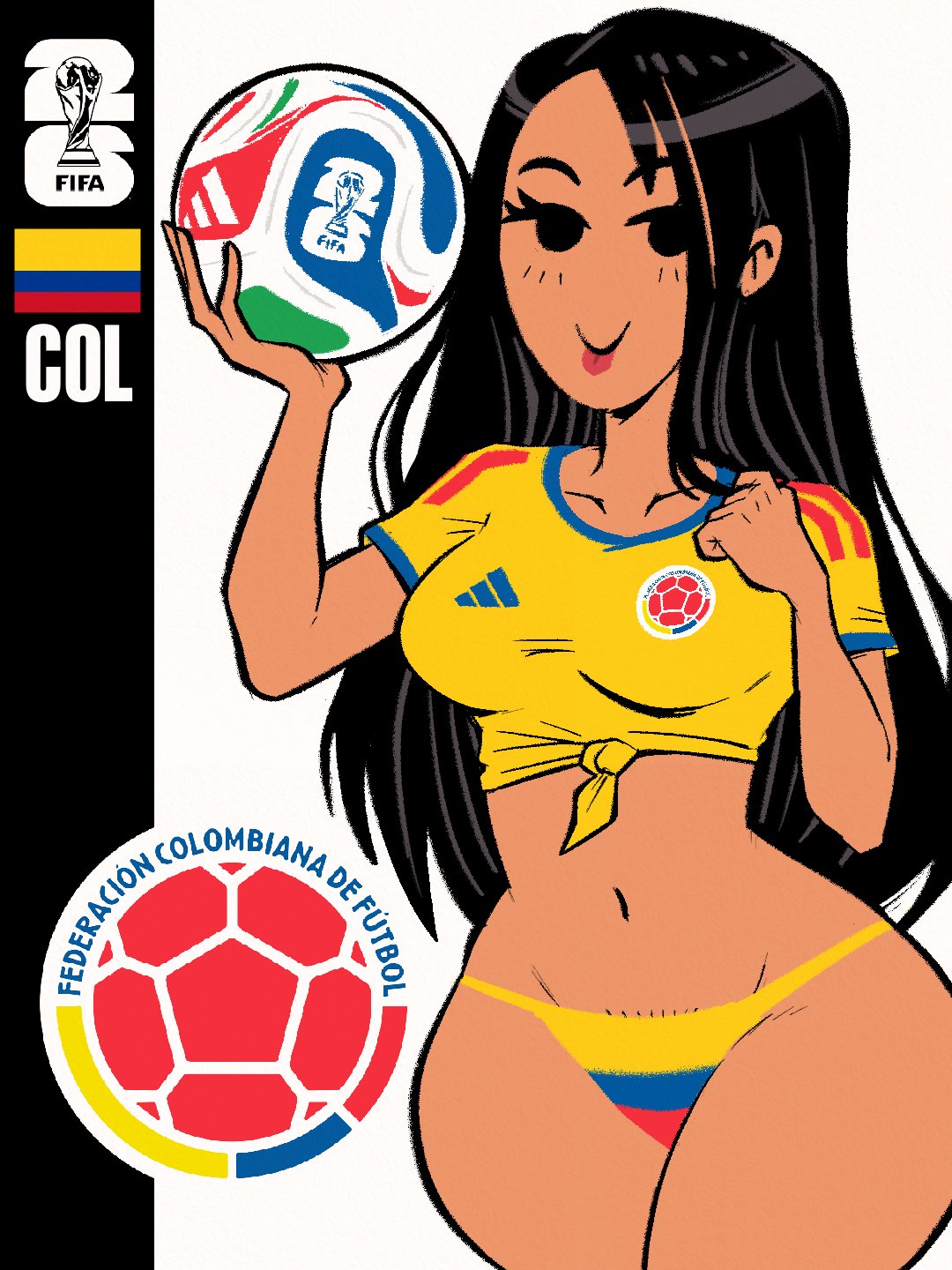 1girl, atomiksaico, colombian, colombian female, fifa, long hair, original, soccer ball, soccer uniform, world cup