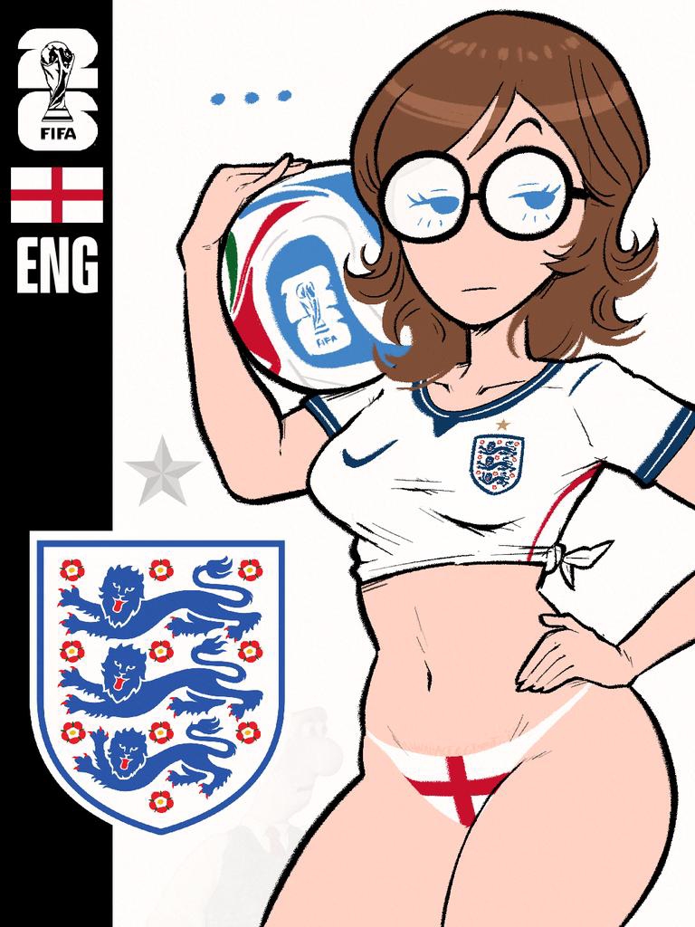 1girls, atomiksaico, big breasts, british, british female, busty, england, english, fifa, glasses, hand on hip, large breasts, national personification, navel, original, sensual, sexy, sexy pose, short hair, soccer ball, soccer uniform, world cup