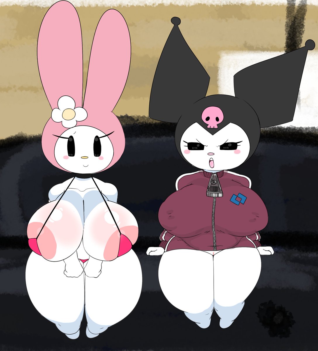 2d_(artwork) 2d_artwork 2girls angry angry_expression anthro areola_slip bare_shoulders barefoot big_breasts bikini black_eyes blush blush_stickers bottomless breasts choker cleavage clothing couch digital_media_(artwork) female flower furry furry_female hair_ornament hat headwear hibiscus hood huge_breasts jacket jester jester_hat kuromi lagomorph looking_at_viewer micro_bikini my_melody on_couch onegai_my_melody open_mouth pussy savagensfw shortstack sitting skull skull_and_crossbones skull_hair_ornament smile solo string_bikini swimsuit teeth thick_thighs track_jacket upper_teeth_only white_fur wide_hips zipper_pull_tab