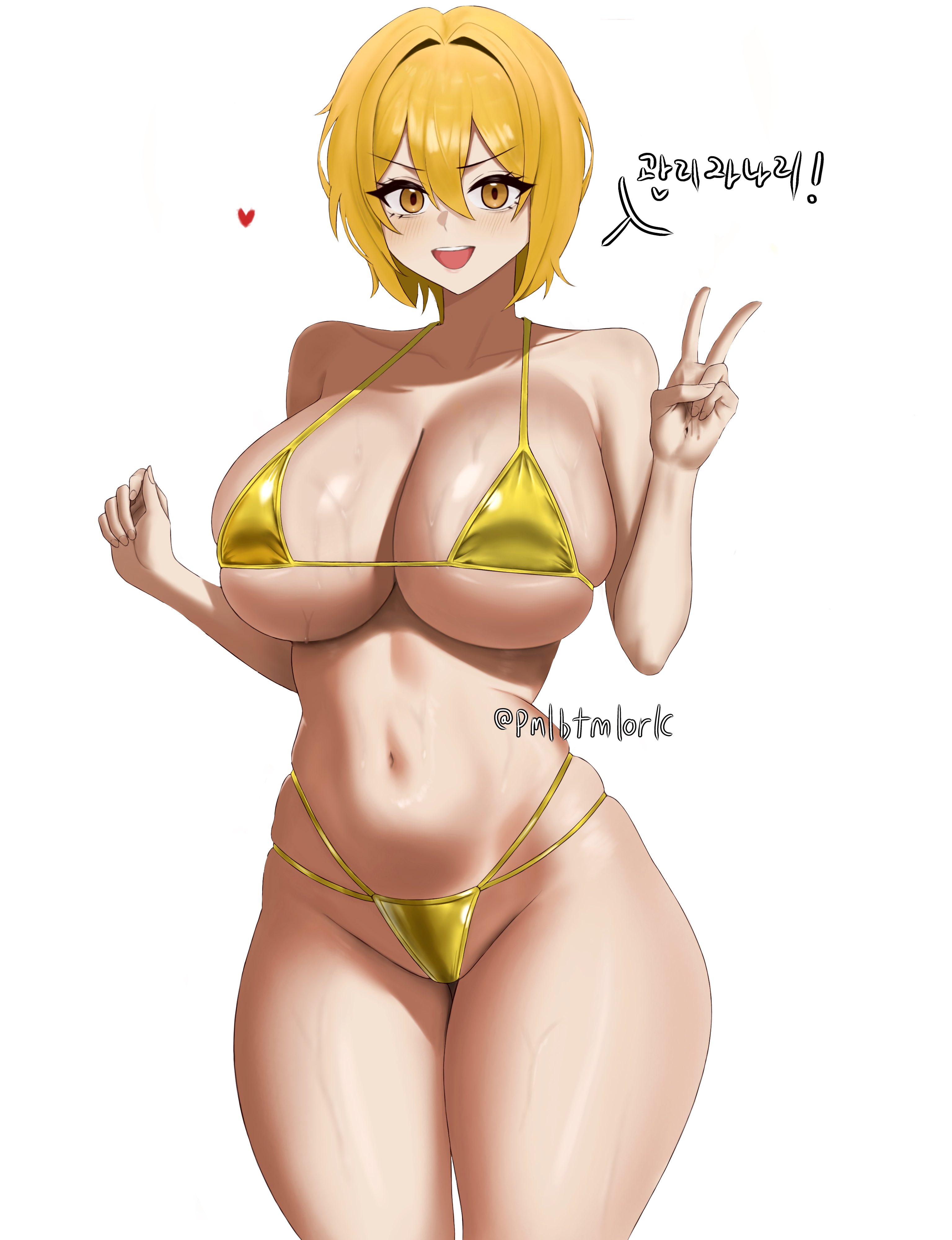 1girl, absurdres, bikini, blonde hair, breasts, commentary, curvy, don quixote (limbus company), gold bikini, highres, huge breasts, limbus company, looking at viewer, navel, open mouth, pmlbtmlorlc, project moon, short hair, simple background, solo, standing, stomach, swimsuit, thick thighs, thighs, v, white background, yellow eyes