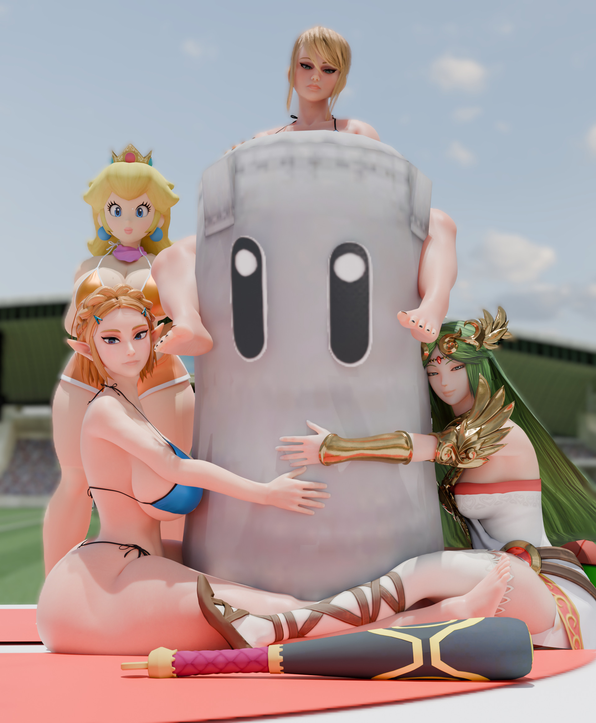 2026, 3d, 4girls, baseball bat, big breasts, bikini, blender (software), blender cycles, blonde hair, crossover, elf, elf ears, feet, female, female only, green hair, half-closed eyes, highres, huge breasts, hugging, hugging object, kid icarus, large breasts, mario (series), metroid, palutena, princess peach, princess zelda, princess zelda (scrag boy), punching bag, samus aran, sandbag, sandbag (super smash bros.), scrag boy (model), scrag boy (style), scrag samus, short hair, sideboob, smile, super smash bros., swimsuit, the legend of zelda, zelda (breath of the wild)