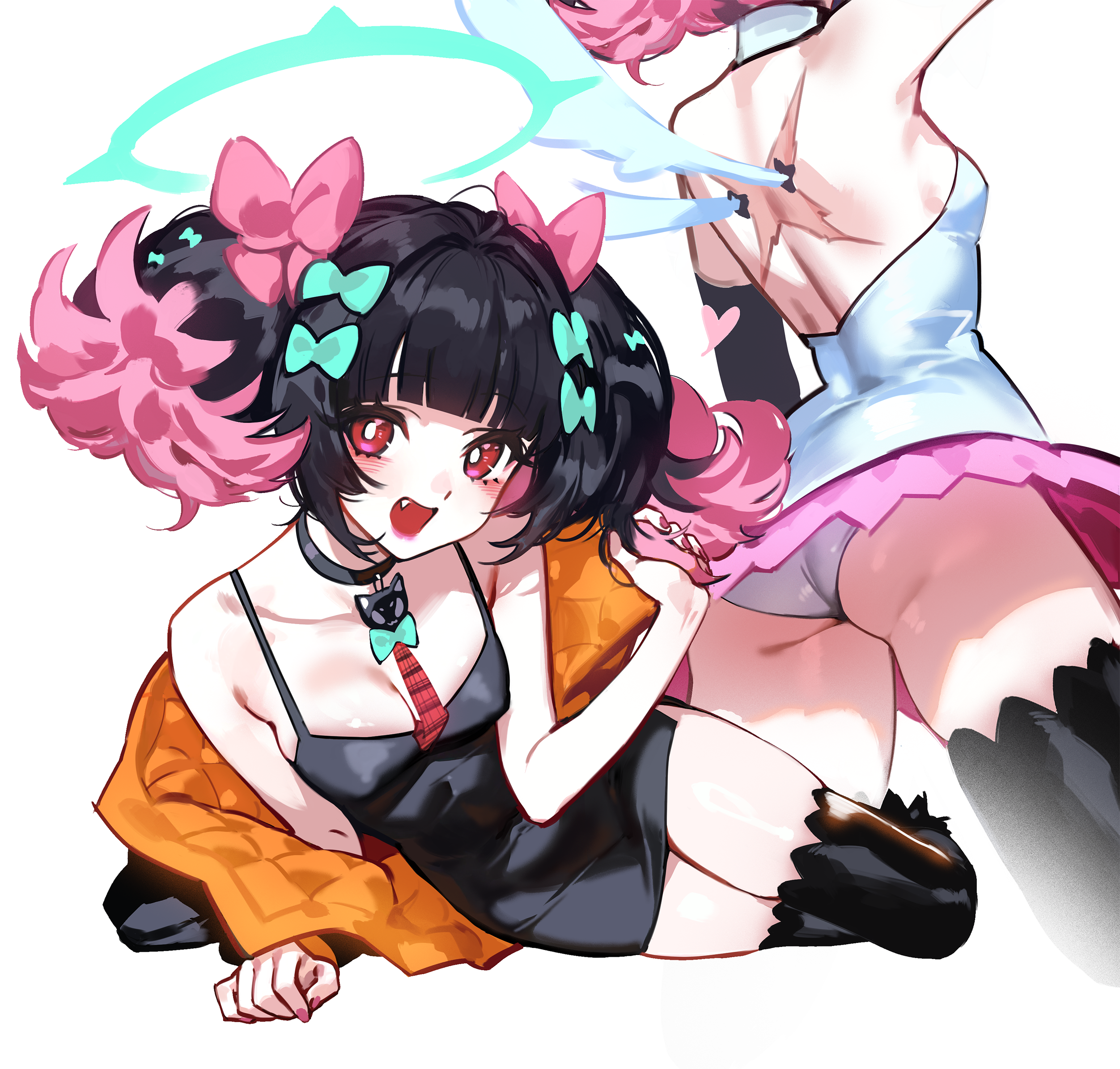 1girls, 2026, 2d, angels of delusion, ass, bare shoulders, black dress, black hair, black thighhighs, breasts, collar, colored inner hair, colored nails, cute fang, detached sleeves, female, female focus, female only, foolish potato, halo, highres, holding hair, jacket, looking at viewer, multicolored hair, multiple poses, multiple views, nangong yu (zenless zone zero), painted nails, red nails, small breasts, smile, smiling at viewer, solo, solo female, solo focus, tie, twintails, white dress, zenless zone zero