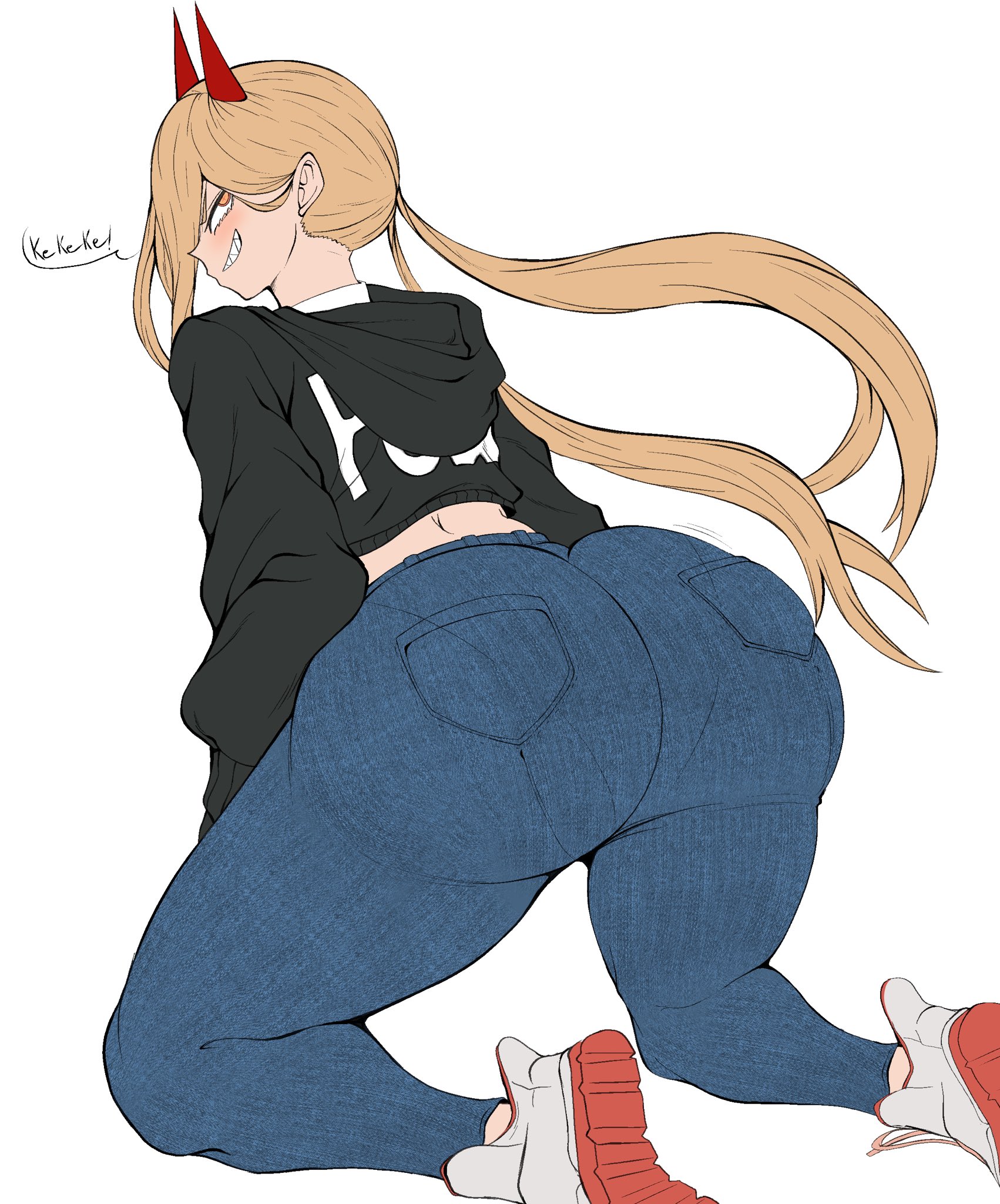 1girls, ass, ass focus, back, back view, big ass, black pants, blonde hair, blue pants, bottomwear, chainsaw man, clothing, dat ass, demon, demon girl, demon horns, demonkingdaemon, english, english text, female, female only, footwear, hair, horns, huge ass, jacket, jeans, looking back, on knees, pants, pantylines, power (chainsaw man), sharp teeth, shoes, smile, solo, solo female, text, text on clothing, thighs, topwear, twintails, white background, yellow eyes