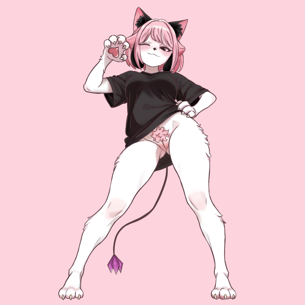 1girl, anthro, anthro female, artlongon, black ears, black eyes, black shirt, bob cut, bottomless, breasts, cat ears, cat girl, demon tail, feline, female, female genitalia, female only, flower (sadfloow), furry, hand gesture, legs spread, lifted shirt, looking at viewer, monster girl, no panties, oc, one eye closed, original character, pink hair, pink inner ears, pubic hair, purple tail, pussy, seductive smile, shirt, shirt lift, short hair, solo, standing, t-shirt, tail, thick thighs, vagina, white body, white fur, wide hips, wink