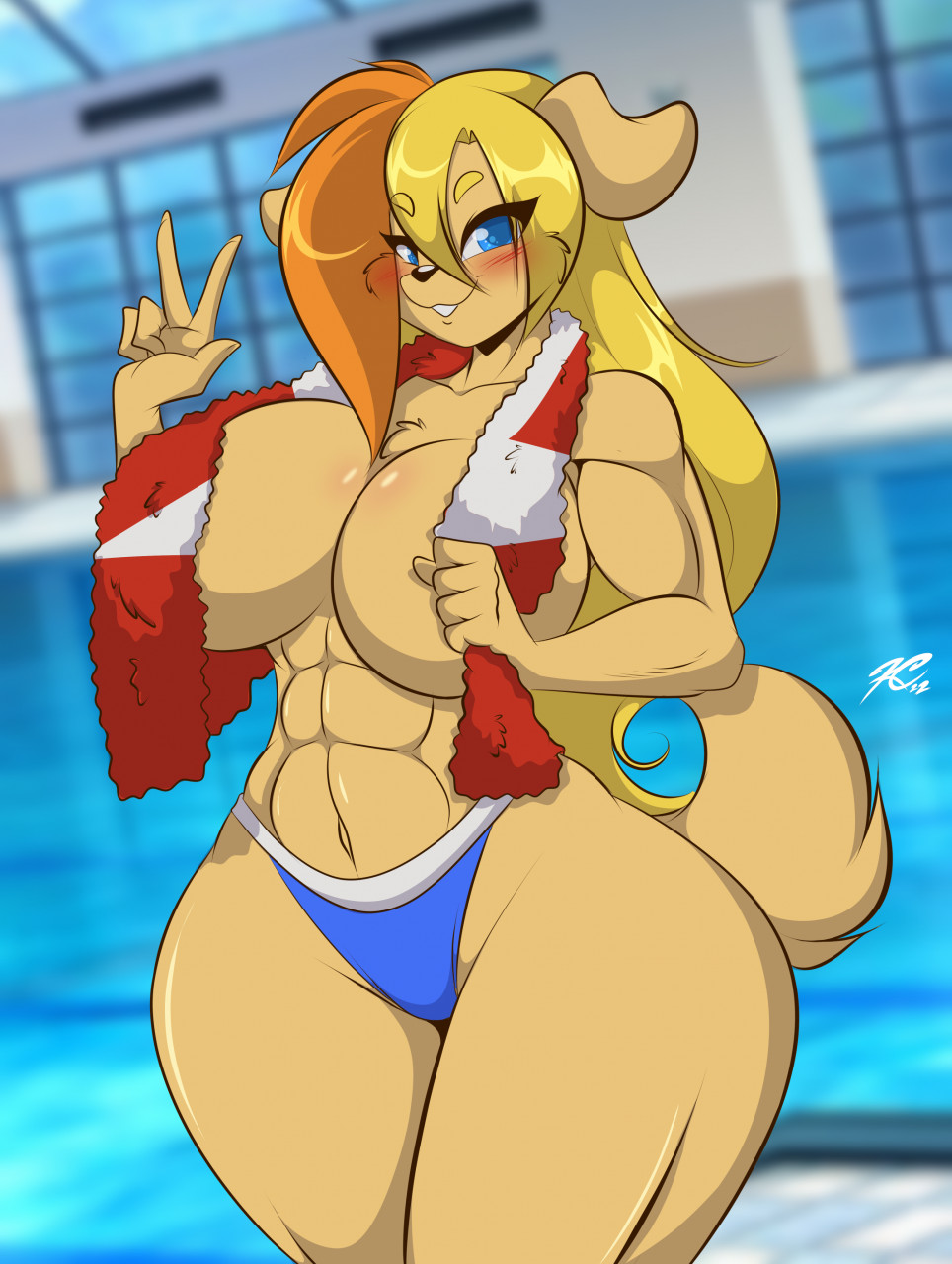 1girls 2022 anthro blonde_hair blue_eyes blush breasts canine domestic_dog female female_only furry huge_breasts long_hair looking_at_viewer mastergodai muscular muscular_female rascals solo swimsuit tan_fur thick_thighs towel voluptuous wide_hips yuriko_nash