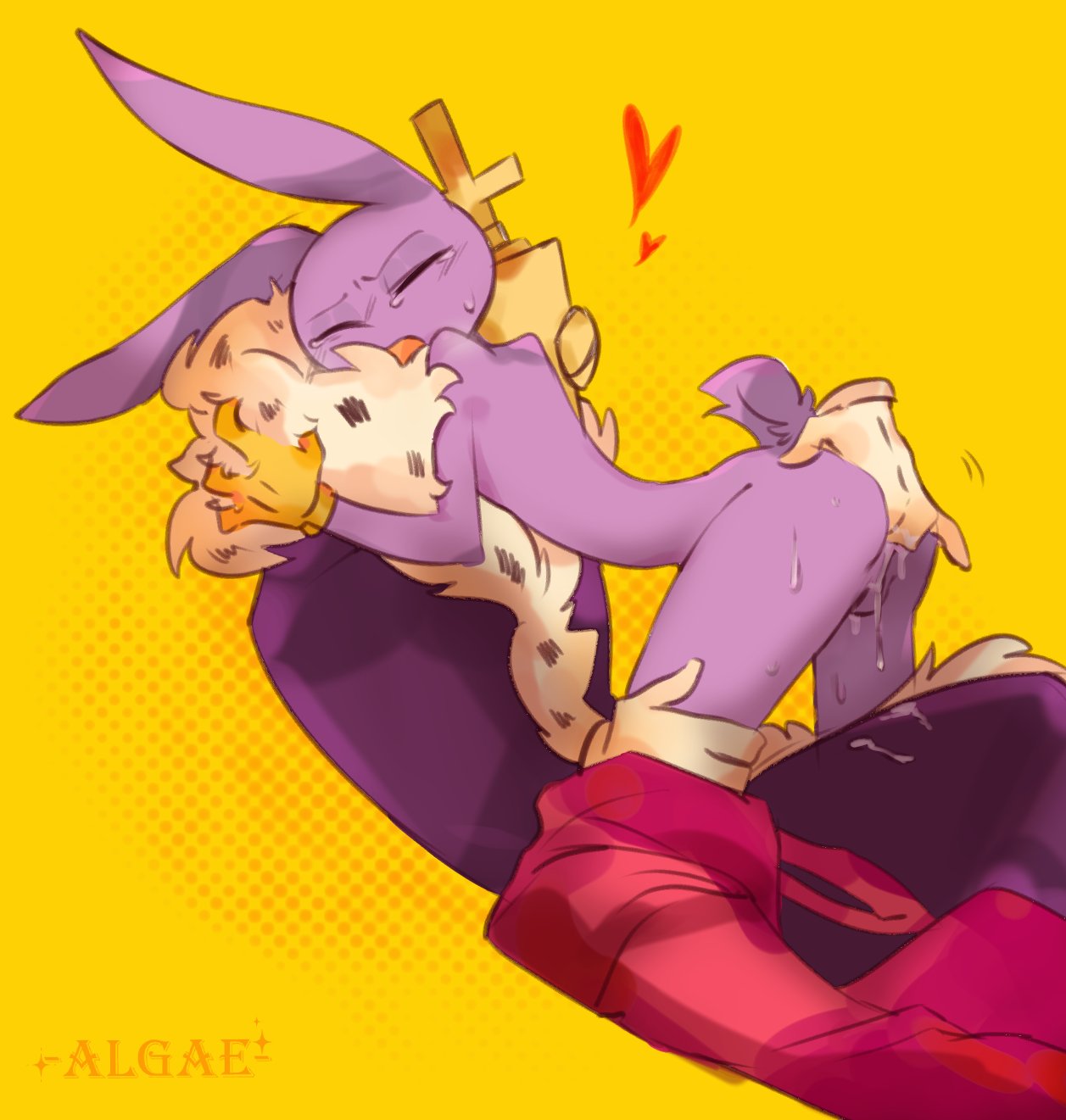 algae_lagae arched_back closed_eyes fingering gay gloves heart_symbol non-human non-human_head purple_body skinny tails tears toony yellow_background