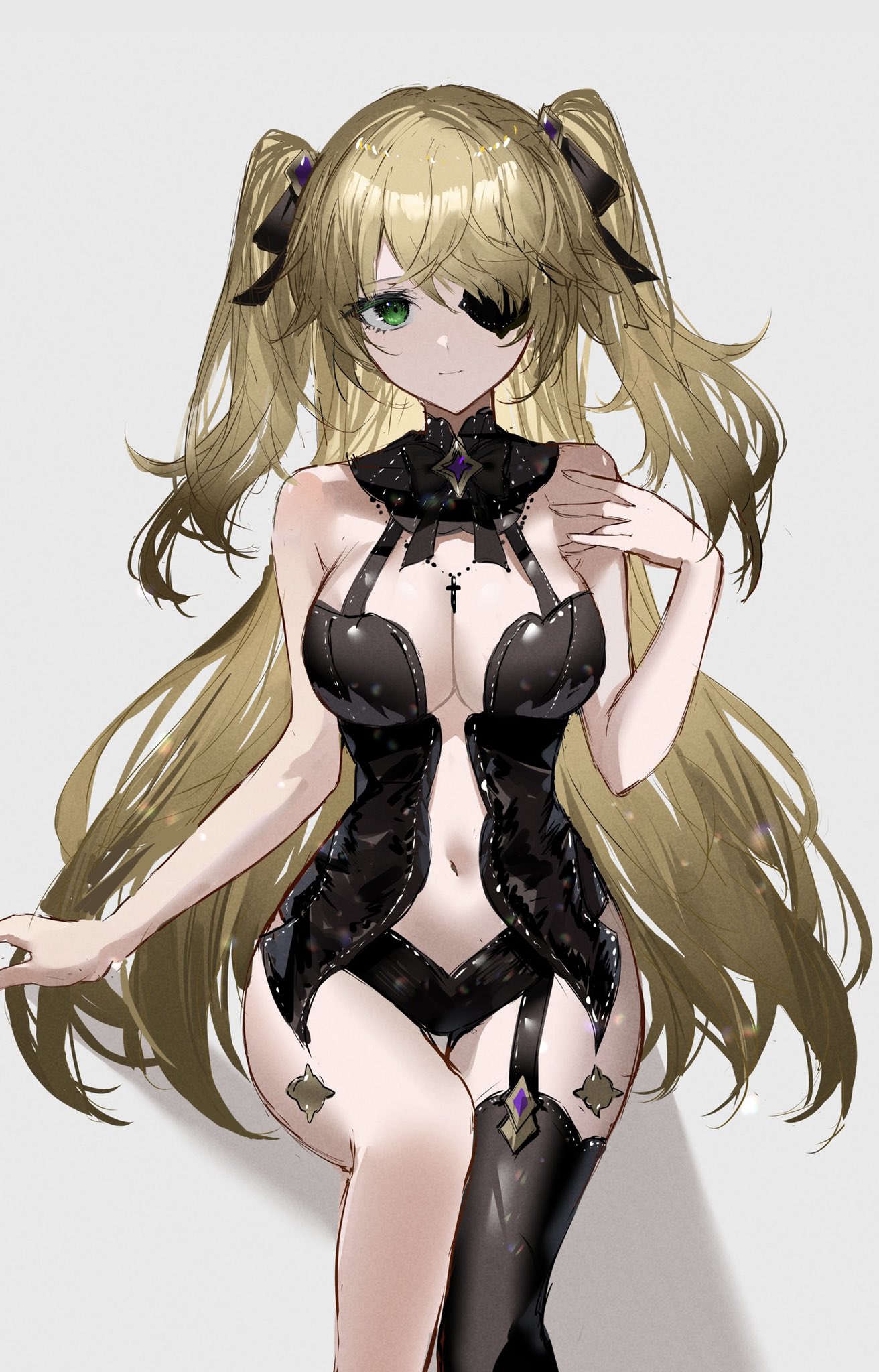 big breasts, blonde, breasts, eye patch, female, fischl (genshin impact), genshin impact, huge breasts, raiya atelier, revealing clothes