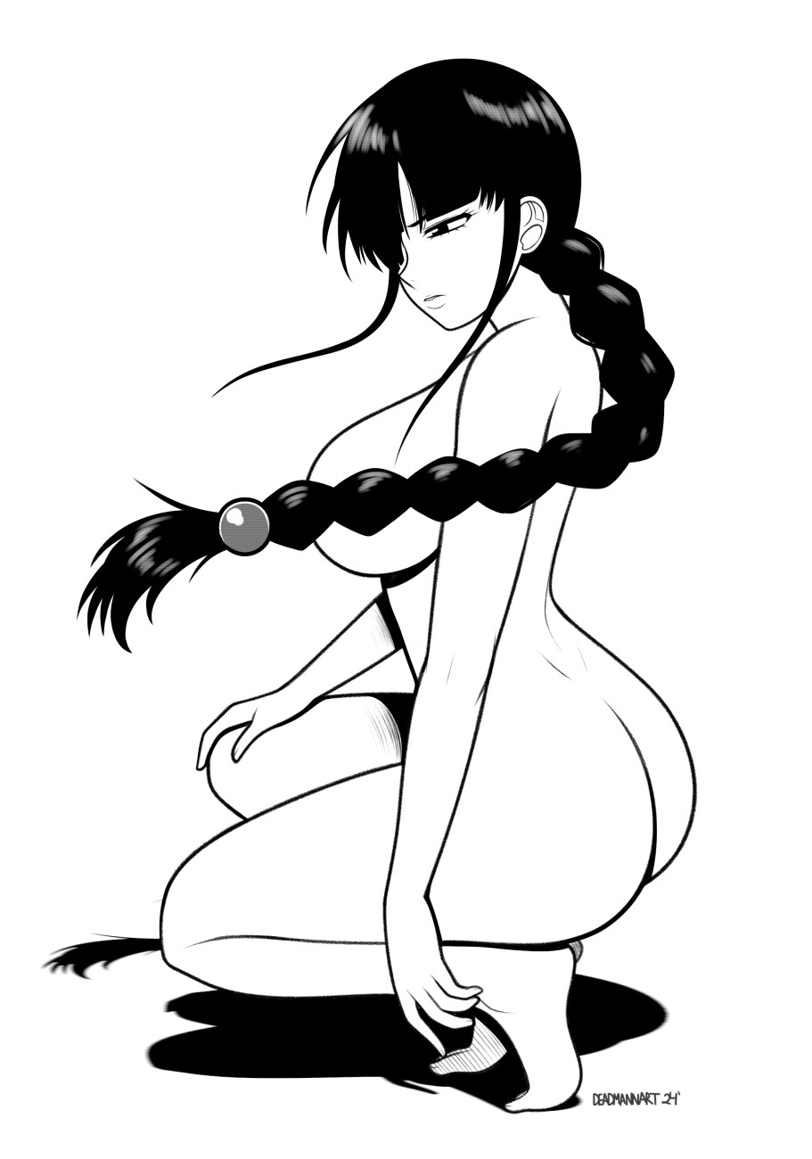 1female 1girls artist_name big_ass big_breasts big_tits black_and_white bleach bleach:_the_thousand-year_blood_war braided_hair braided_ponytail bubble_butt caked_up dark_hair dat_ass fat_ass female_only fully_naked fully_nude kurotsuchi_nemu light-skinned_female long_hair naked naked_female no_color paag ponytail round_ass simple_background squatting thick_thighs walkingdeadmann wide_hips