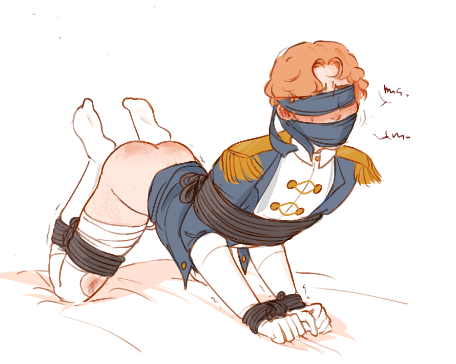 1boy blindfold blonde_hair bondage bruise gloves male male_only military_uniform moaning no_pants oc rope rope_bondage stockings thighhighs tied_up twink twitching white_background