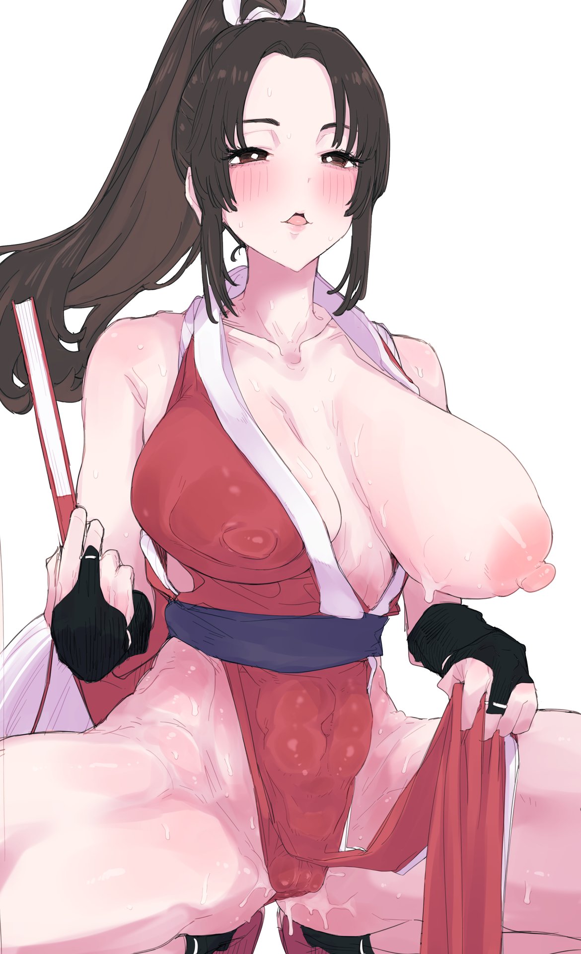 1girls areolae big_breasts blush breasts brown_hair fatal_fury female female_only folding_fan hair half-closed_eyes handwear huge_breasts king_of_fighters mai_shiranui nipple_bulge nipples nyorube one_breast_out pelvic_curtain ponytail skimpy skimpy_clothes solo solo_female squatting sweat sweatdrop wet wet_pussy