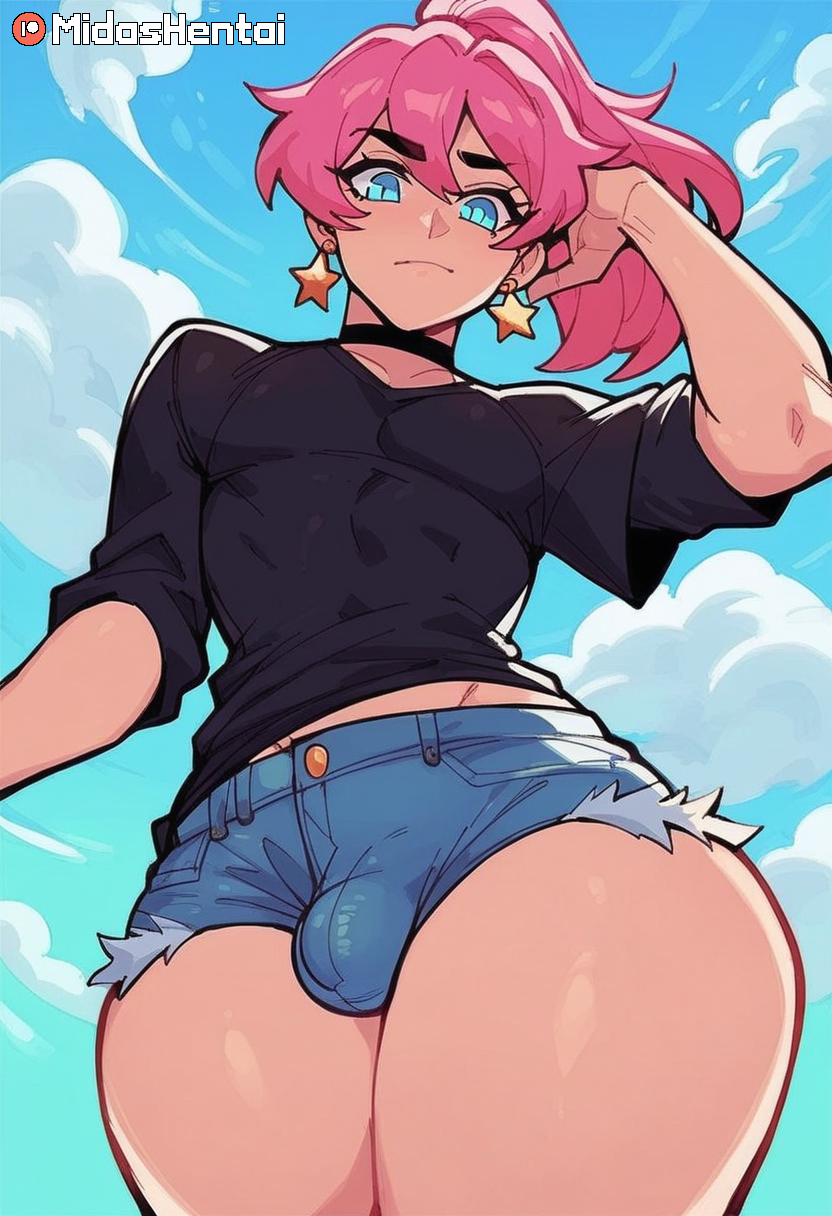 ai_generated blue_eyes choker earrings femboy jean_shorts mercury_(midas_hentai) midas_hentai pink_hair ponytail thick_thighs wide_hips