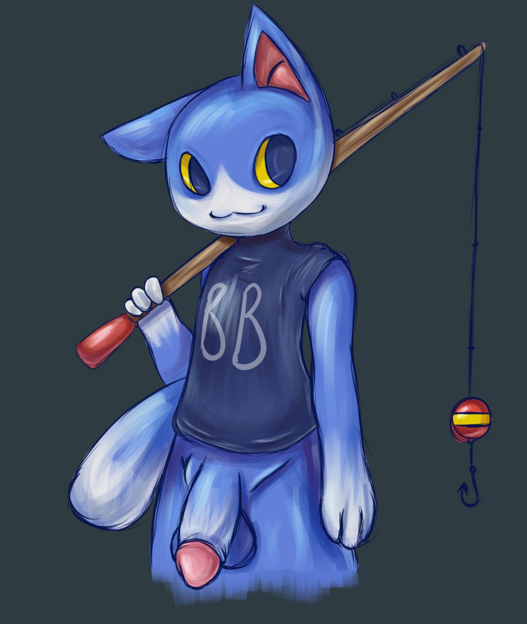 2012 :3 animal_crossing anthro balls big_penis black_background black_clothing black_shirt black_topwear blue_body blue_fur bottomless casual_exposure closed_smile clothed clothing compression_artifacts countershade_face countershade_fur countershade_hands countershade_tail countershading digital_media_(artwork) dipstick_tail domestic_cat felid feline felis fingers fishing_rod flaccid foreskin fur genitals gloves_(marking) happy hi_res holding_fishing_rod holding_object male mammal markings mouth_closed nintendo paint_tool_sai_(artwork) penis portrait requestfaeg retracted_foreskin shaded shirt shirt_only simple_background smile soft_shading solo standing tail tail_markings text text_on_clothing text_on_shirt text_on_topwear three-quarter_portrait three-quarter_view tom_(animal_crossing) topwear topwear_only white_body white_fur yellow_sclera