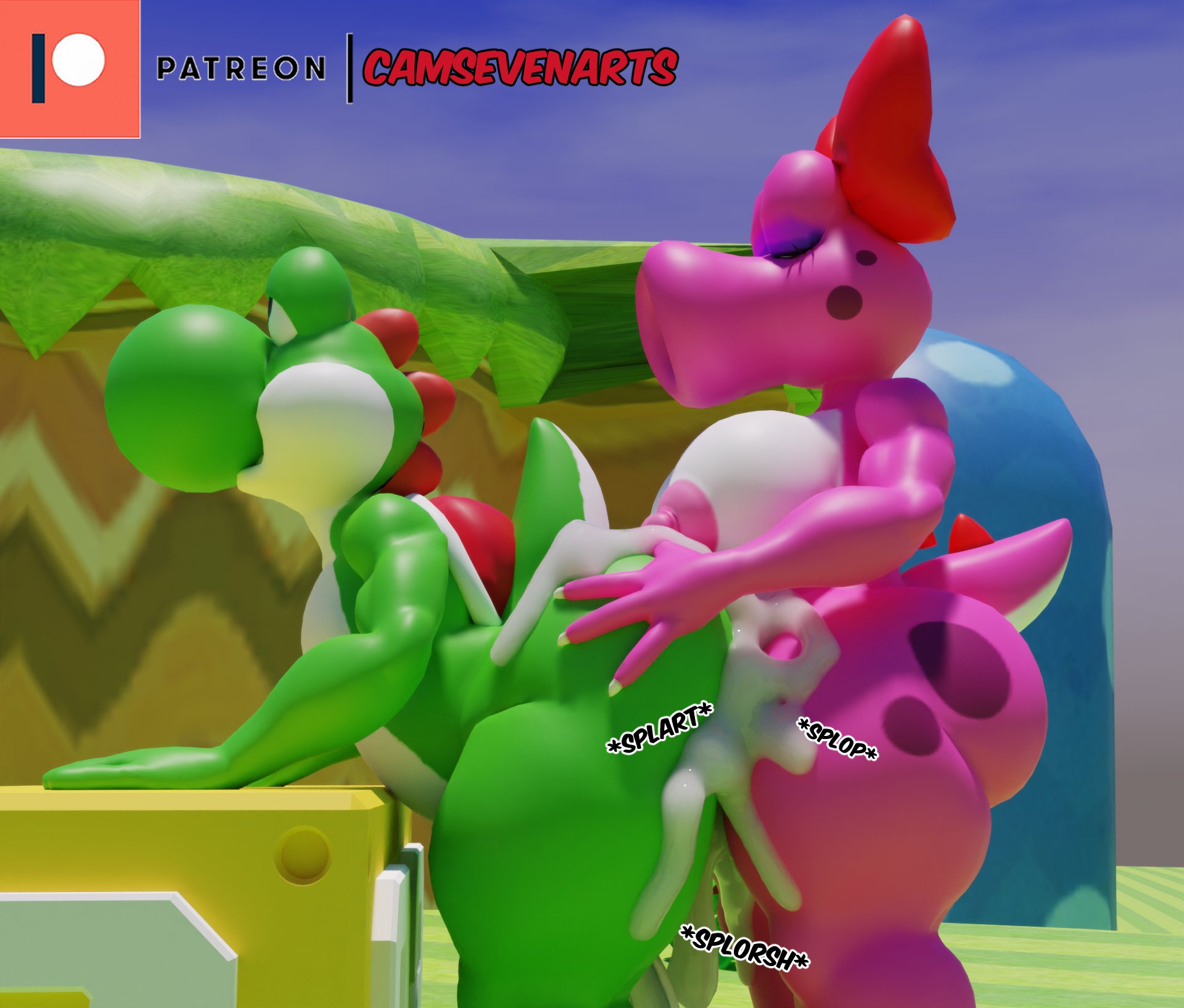 1boy, 1futa, 3d, 3d (artwork), ass, big ass, big breasts, birdo, breasts, camseven, cum, dick, dickgirl, dickgirl/male, futa on male, futanari, huge ass, intersex, intersex/male, kabalmystic (style), male, mario (series), nintendo, nipples, penis, sex, super mario bros., tagme, yoshi
