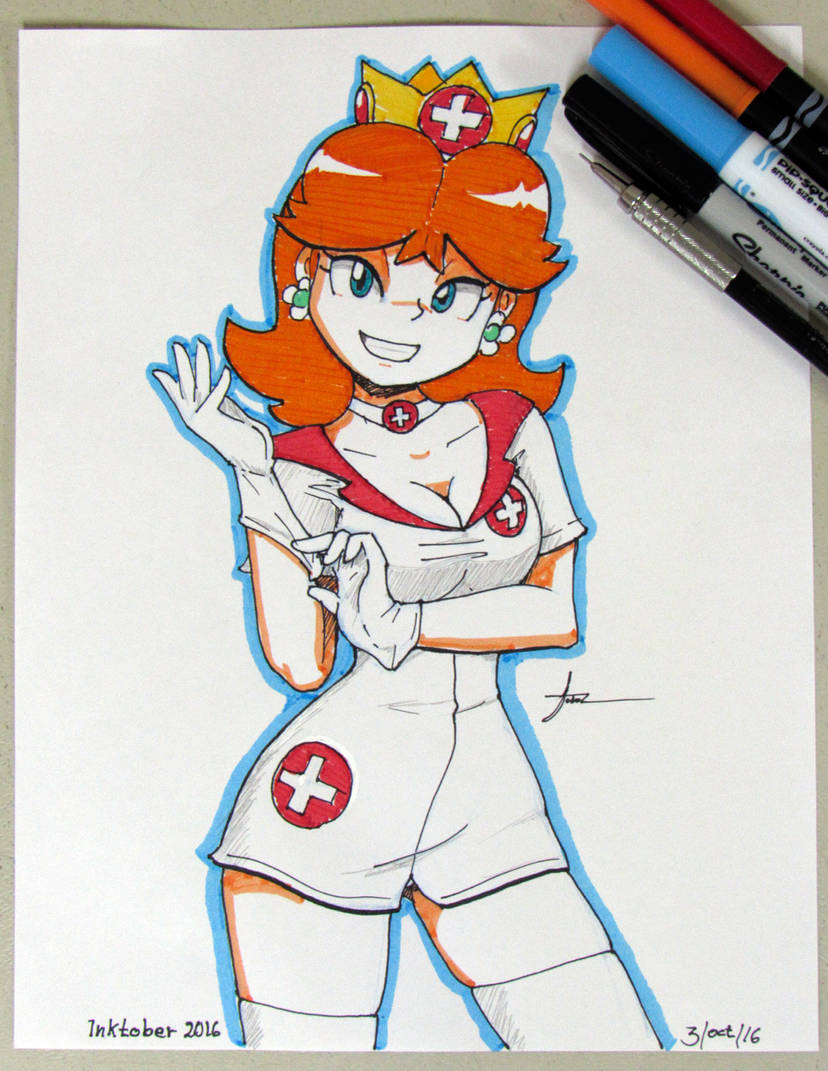 1girls breasts cleavage female female_only fully_clothed furboz glove_snap mario_(series) marker_(artwork) nintendo nurse nurse_uniform princess_daisy rubber_gloves smile solo solo_female