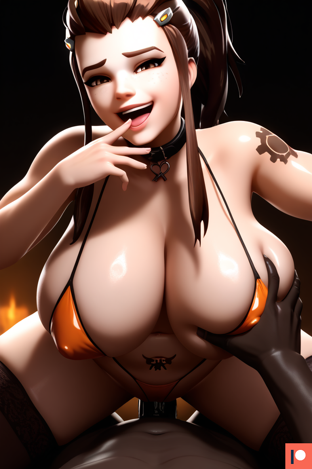 1girl1boy ai_generated arrogant big_breasts bikini black_male breast_grab brigitte brigitte_lindholm brown_eyes brown_hair bully collar corrupted corruption evil_eyes evil_face evil_grin evil_smile gigantic_breasts hands_on_mouth omega_weirdo overwatch overwatch_2 patreon ponytail pubic_tattoo sex slave slave_collar smug straddling tattoo thighhighs white_female