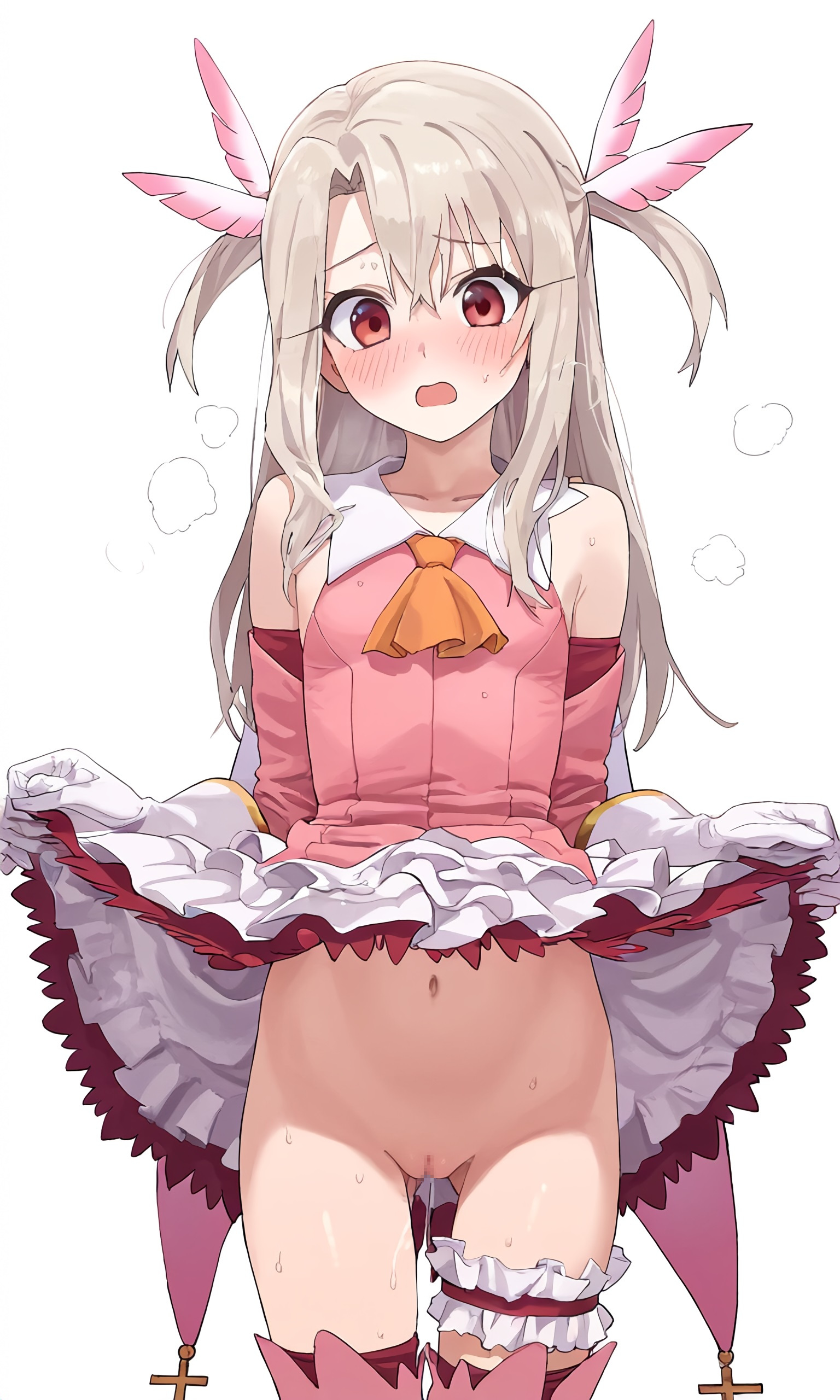 1girls, blush, censored, censored pussy, fate (series), fate/grand order, fate/kaleid liner prisma illya, female, female only, illyasviel von einzbern, no panties, pussy, pussy juice, skirt lift, solo, tagme