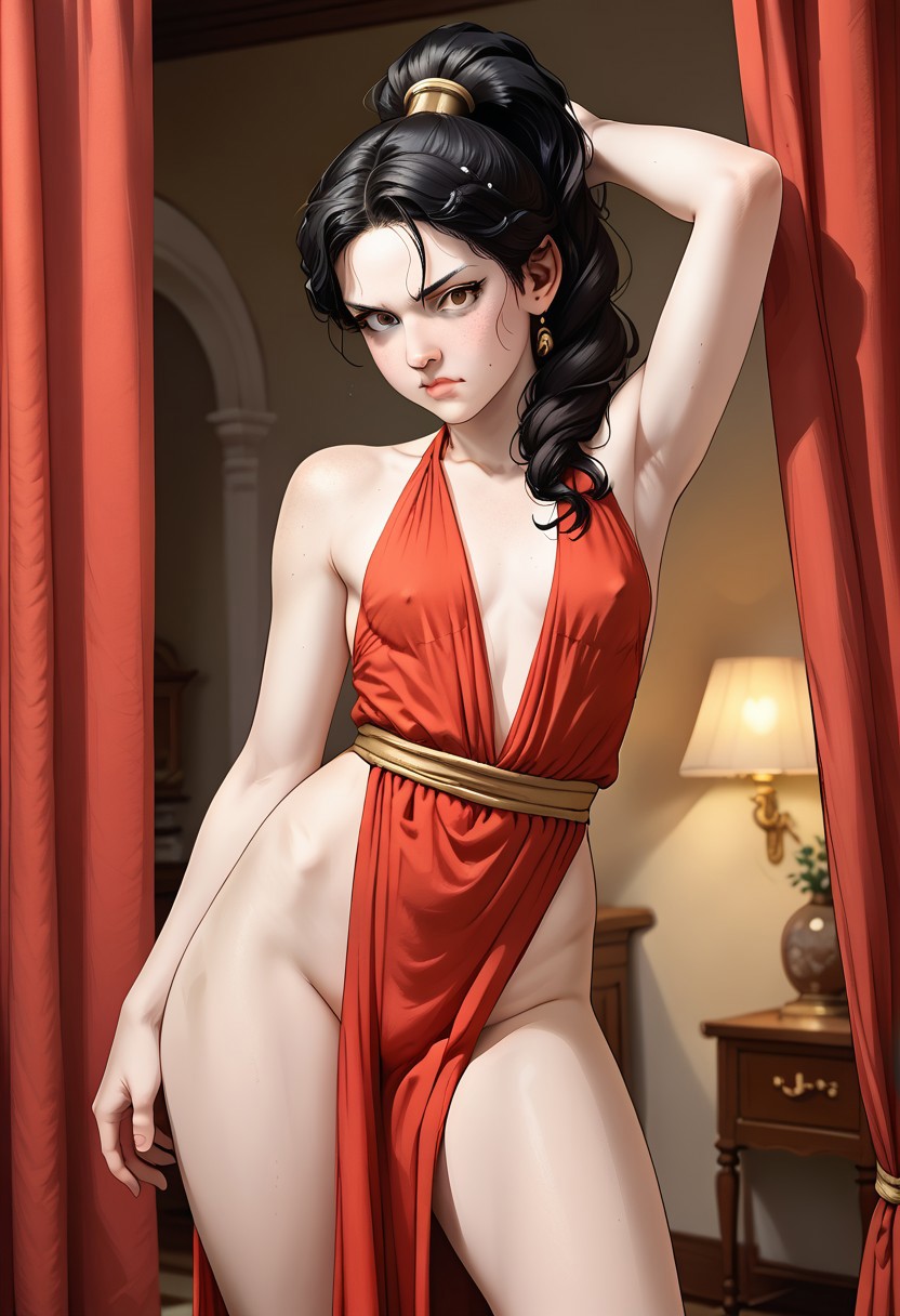 1girls ai_generated angry black_hair cleavage halterneck jokerofhearts light-skinned_female looking_at_viewer nipple_bulge pelvic_curtain plunging_neckline robe solo tsundere