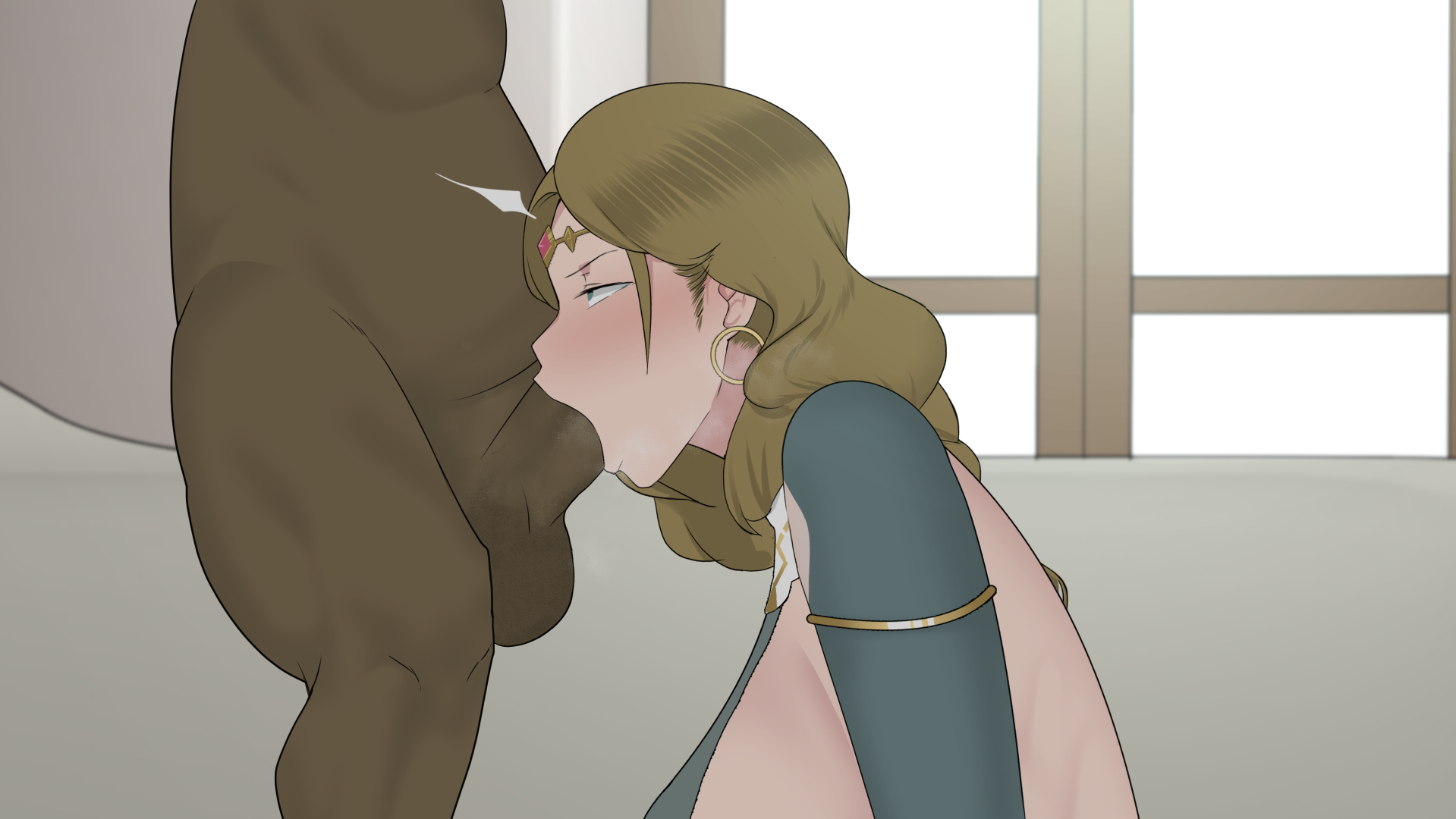 1boy, 1girls, balls, big penis, blonde hair, breasts, cheating, cheating wife, circlet, deepthroat, female, goblin, goblin male, green-skinned male, hoop earrings, interspecies, larger female, light skin, light-skinned female, male, mature female, mother, ntr, ntrman, oral, oral penetration, oral sex, penis, queen, queen priscilla (ntrman), rolling eyes, royalty, side view, sideboob, size difference, smaller male