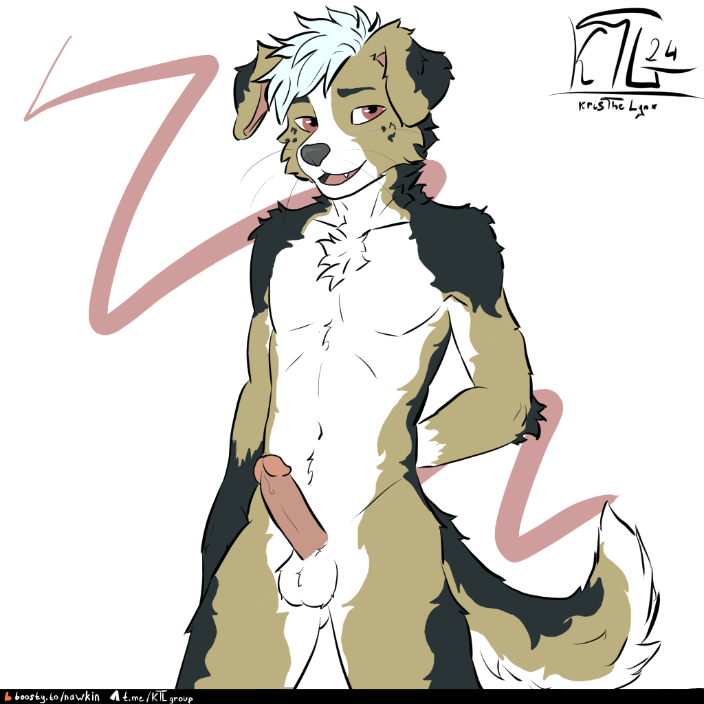 2024 anthro balls black_nose canid canine canis chest_tuft digital_media_(artwork) domestic_dog erection fluffy fluffy_tail foreskin fur genitals hair humanoid_genitalia humanoid_penis kristhelynx male mammal nude penis red_eyes smile solo tail text tuft white_hair