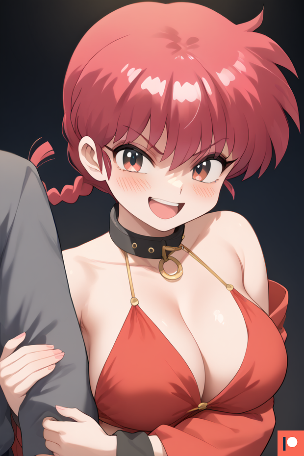 1boy 1girls ai_generated arm_grab big_breasts blush cleavage clothing collar dancer_outfit evil_smile female large_breasts looking_at_viewer male omega_weirdo patreon pigtail ranma-chan ranma_1/2 red_eyes red_hair short_hair white_skin