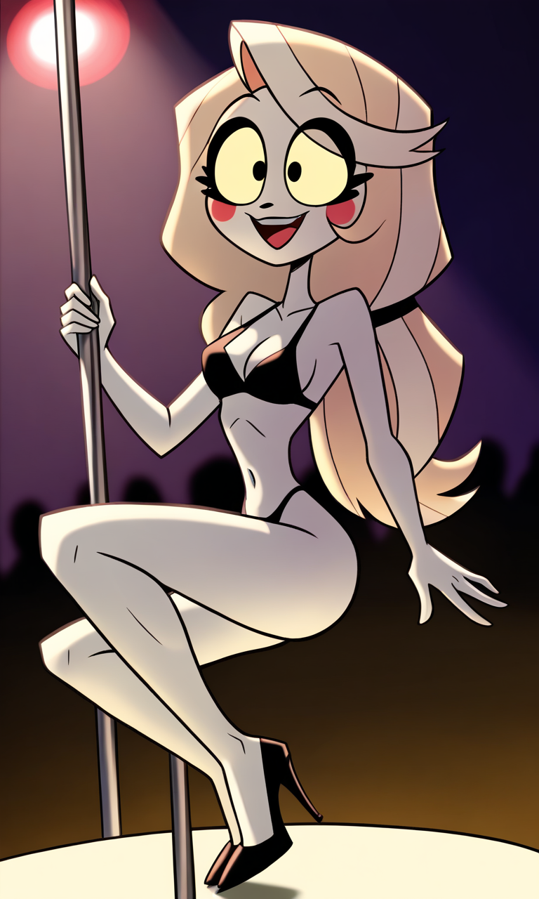 ai_generated bikini charlie_morningstar_(hazbin_hotel) happy hazbin_hotel skinny stripper stripper_pole