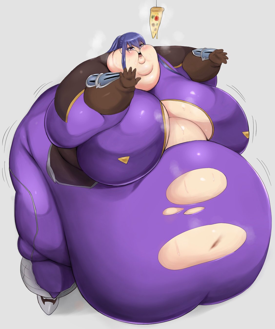 dangling_food desperate fat_fetish female gluttonous_woman huge_belly hungry morbidly_obese nikutsuki pizza_slice purple_clothing ssbbw